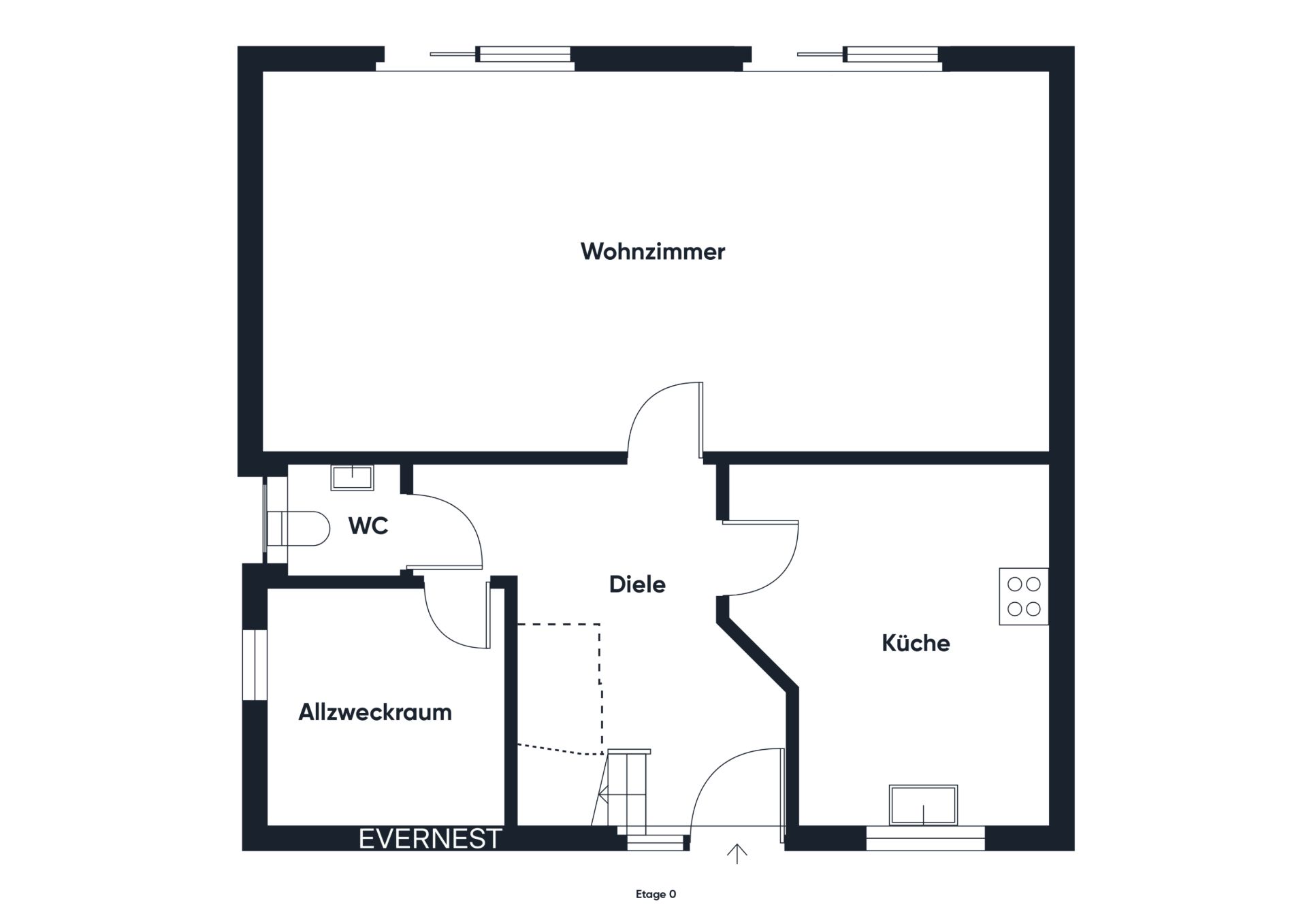 Grundriss mit Wohnzimmer, Küche, Diele, WC und Allzweckraum.