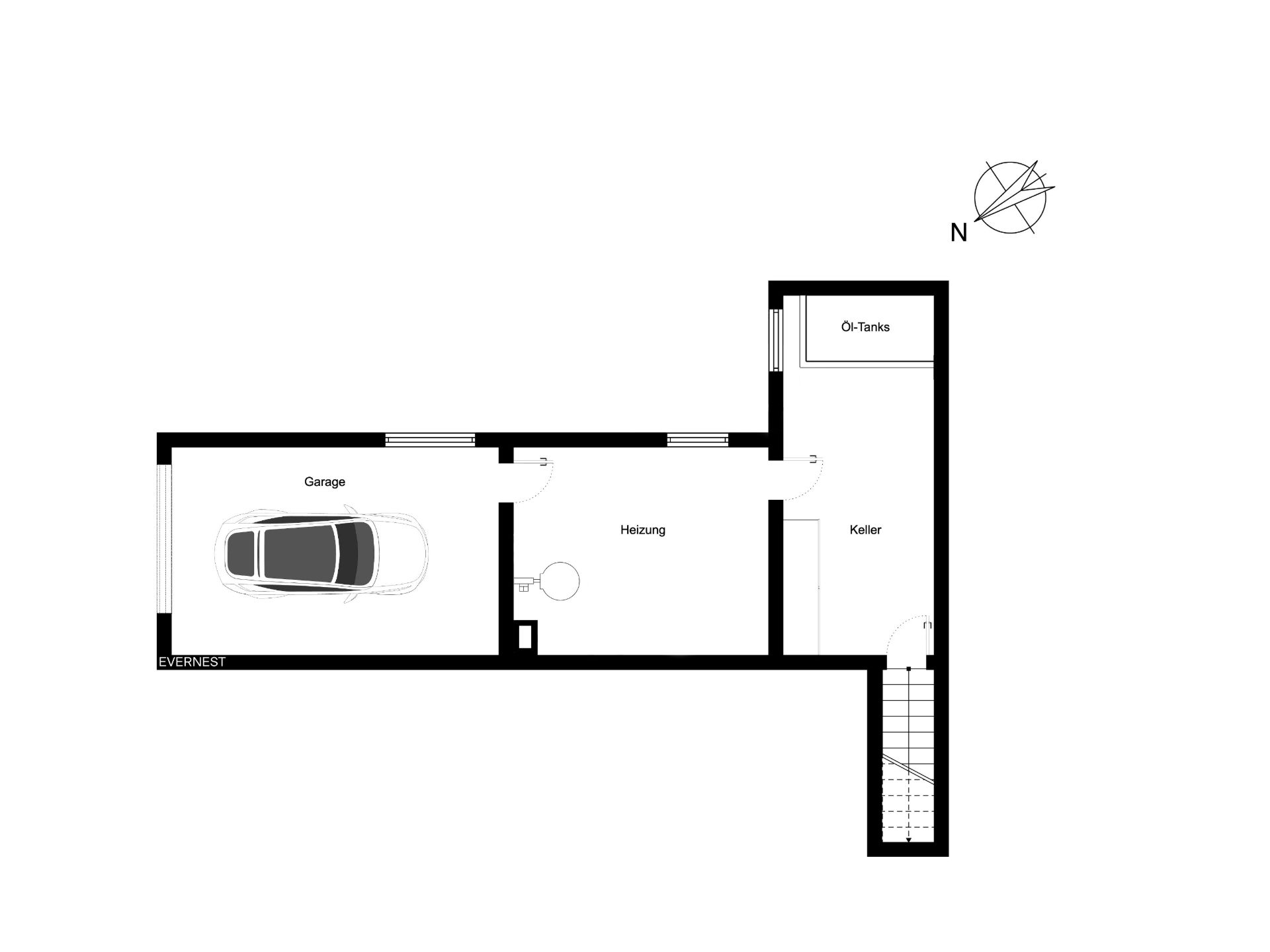 Grundriss mit Garage, Heizungsraum, Keller und Öltanks, Auto in der Garage sichtbar.