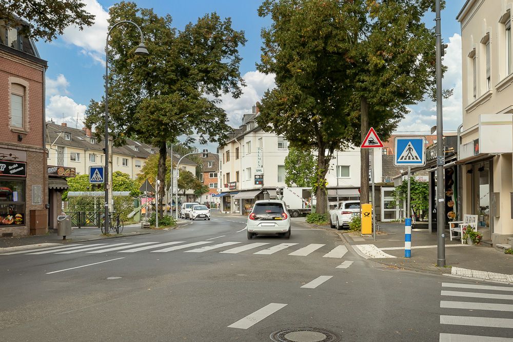 Straßenszene mit Zebrastreifen, Autos, Geschäften und Bäumen bei Tageslicht.
