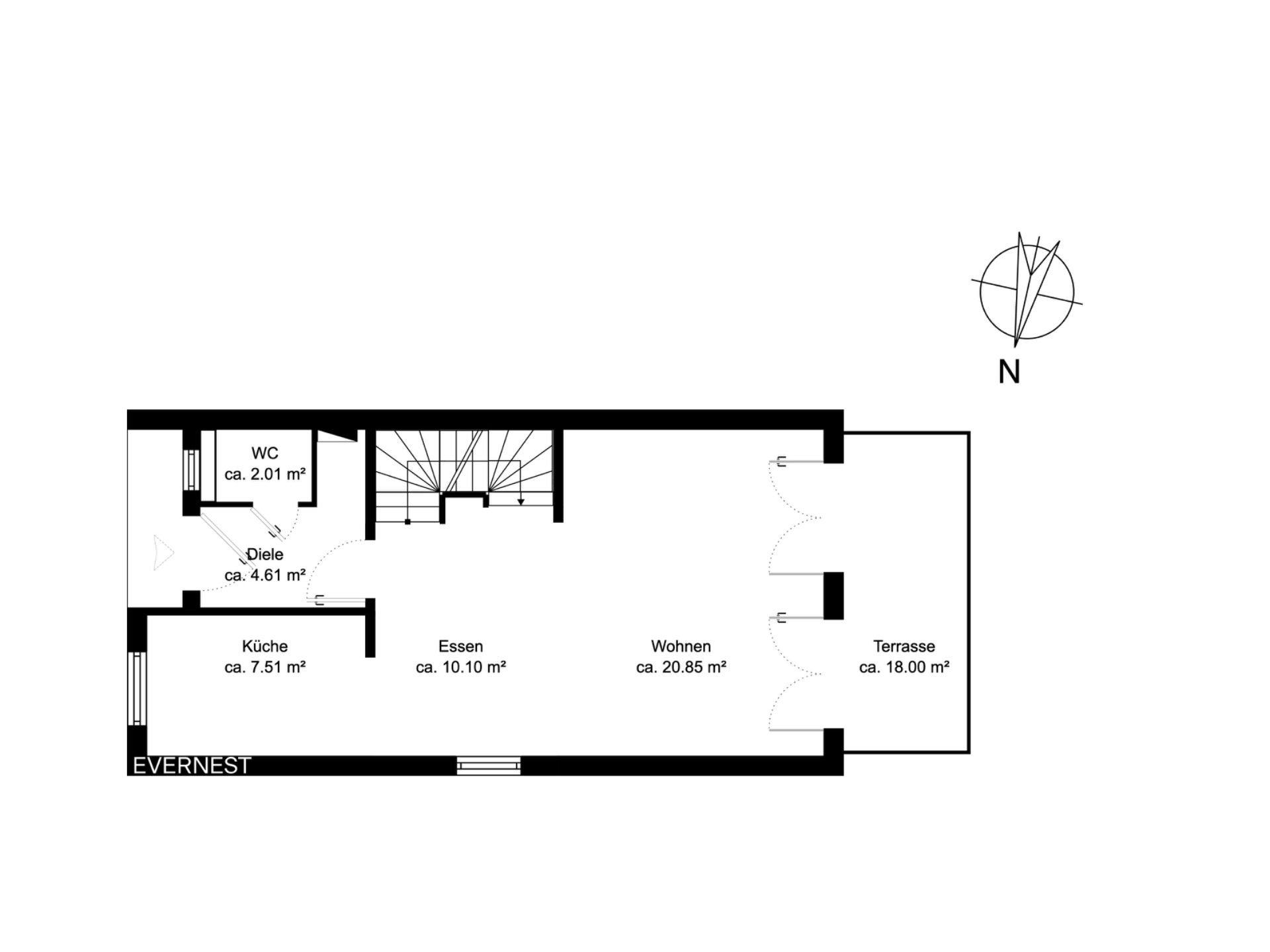 Wohnungsgrundriss mit Küche, Essbereich, Wohnzimmer, WC, Diele und Terrasse.