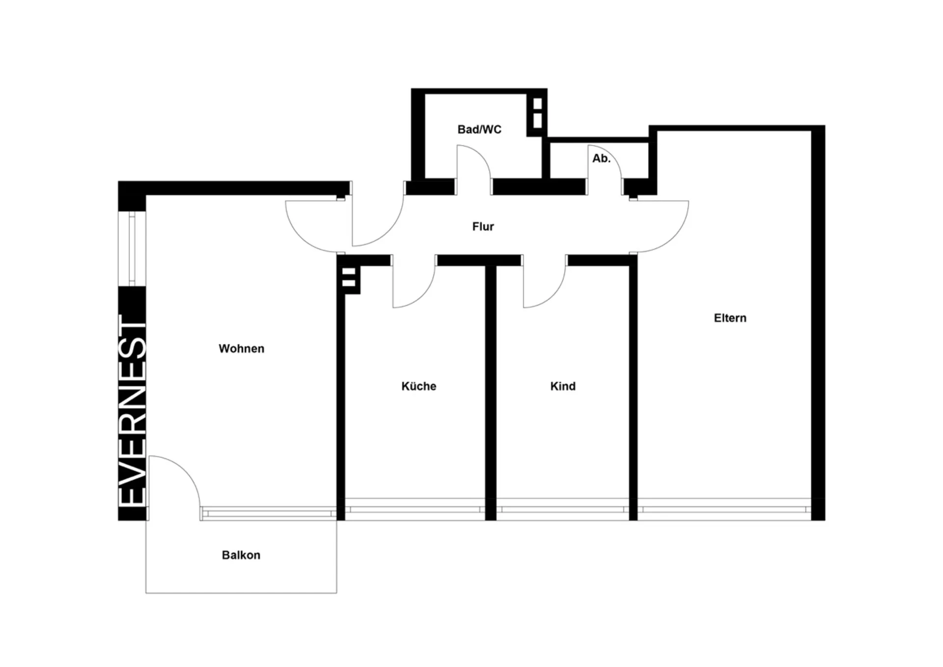 Grundriss einer Wohnung mit Wohnzimmer, Küche, Kinderzimmer, Schlafzimmer, Bad und Balkon.