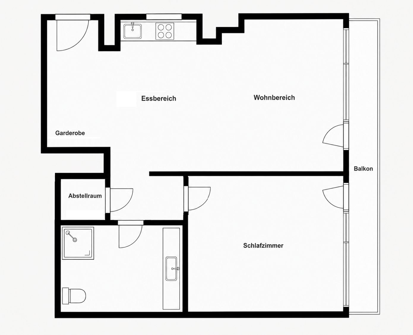 Wohnungsgrundriss mit Schlafzimmer, Wohnbereich, Essbereich, Bad, Abstellraum und Balkon.