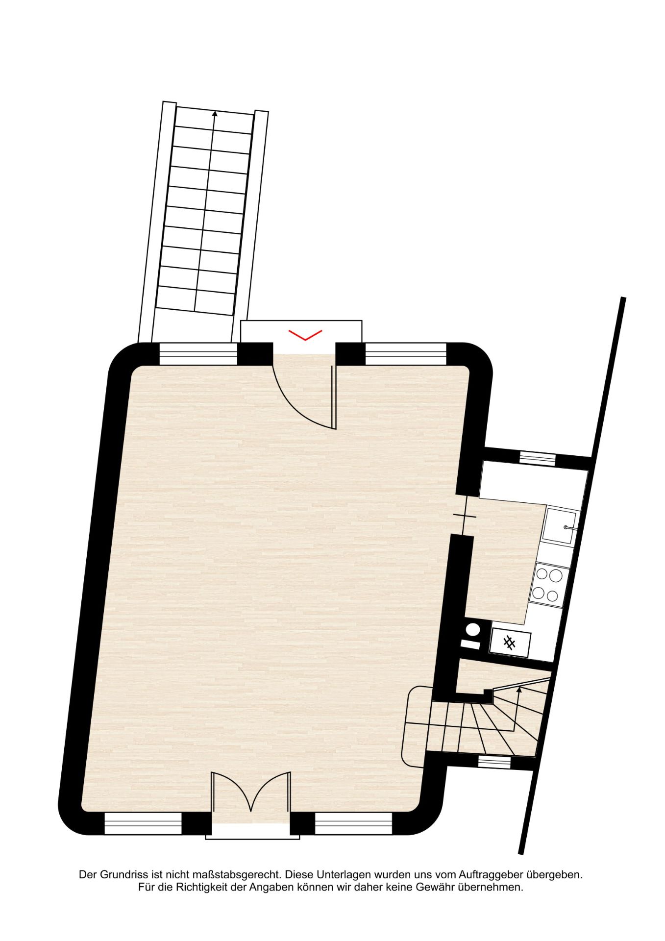 Grundriss mit großem Wohnraum, Küche, kleinem Bad und zwei Treppenaufgängen.