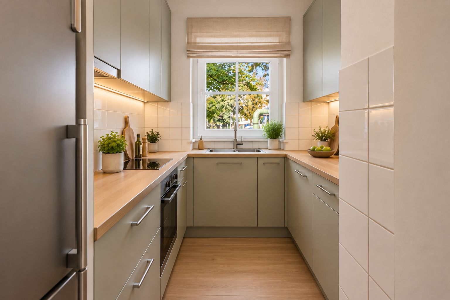 Moderne, schmale Küche mit Holzarbeitsplatte, Einbaugeräten und Fenster, Tageslicht beleuchtet.