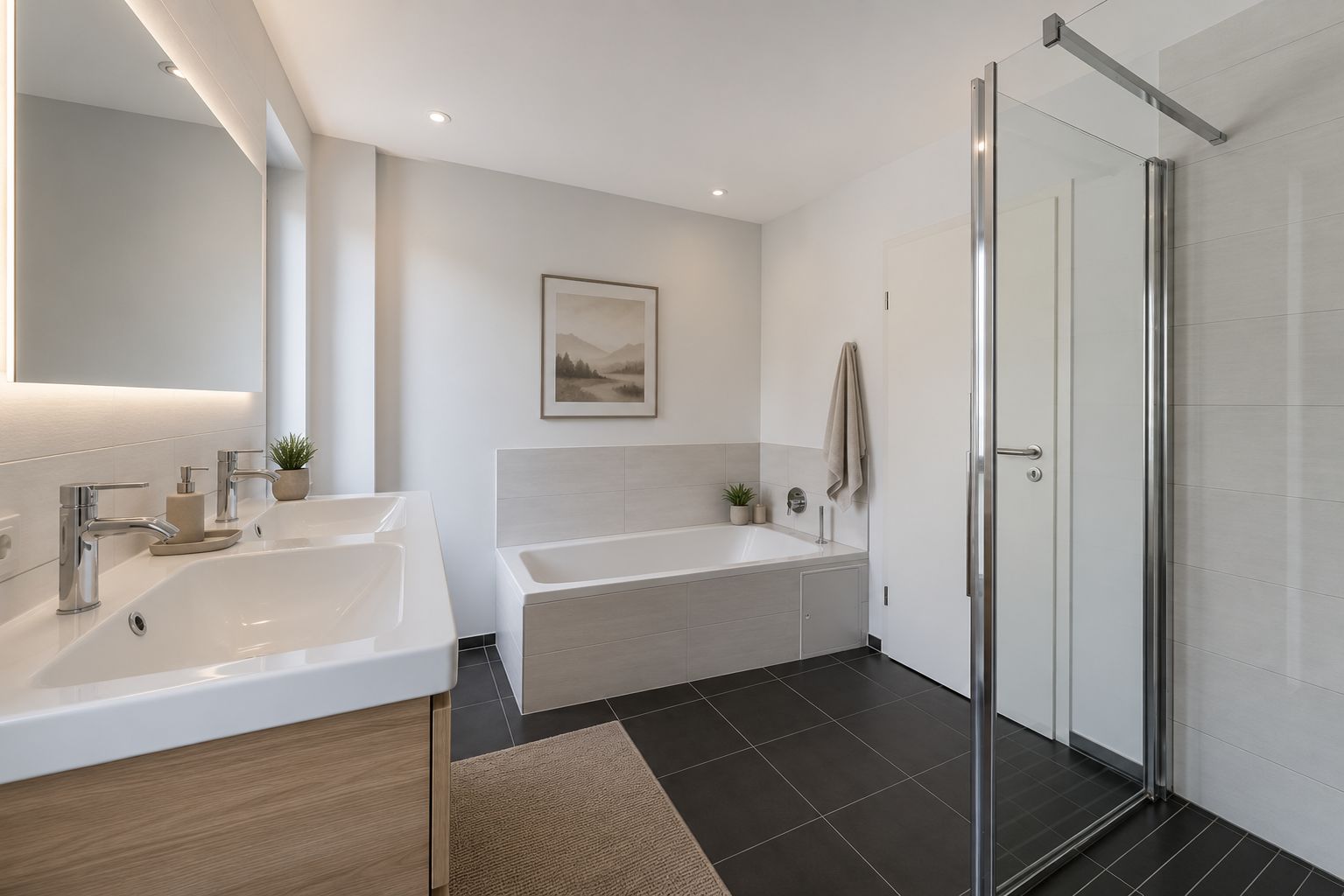 Modernes Badezimmer mit Badewanne, Doppelwaschbecken und ebenerdiger Dusche.