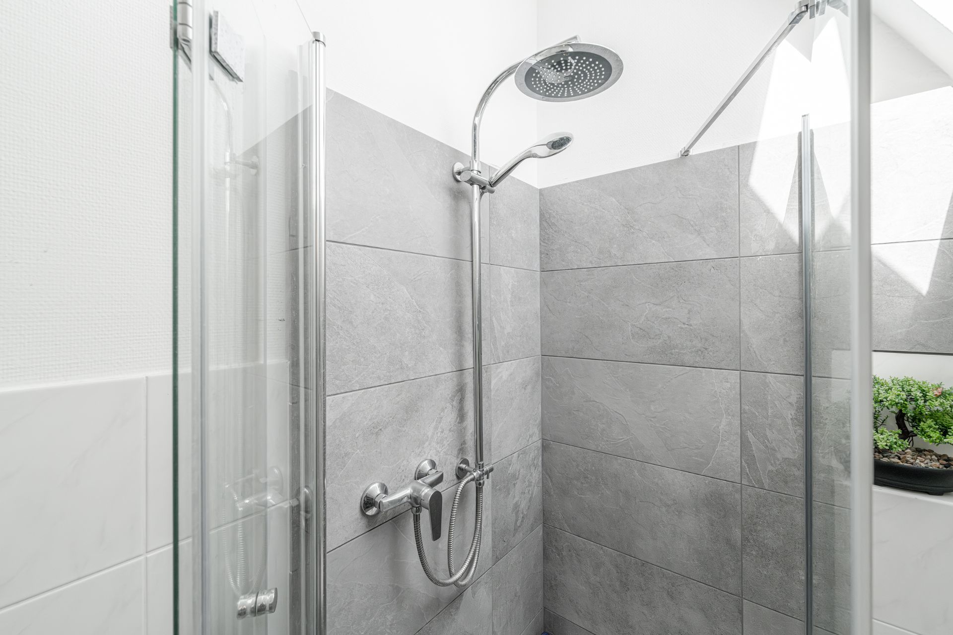 Moderne Dusche mit grauen Fliesen und Regendusche, kleine Pflanze in der Ecke.