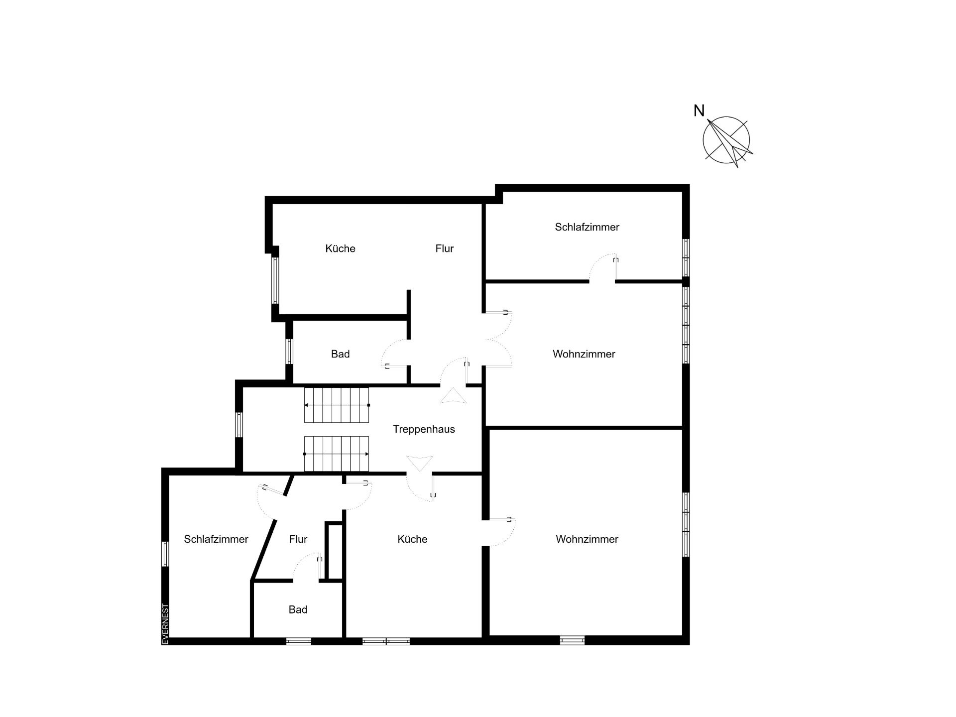 Grundriss mit Schlafzimmern, Wohnzimmern, Küchen, Bädern, Fluren und Treppenhaus.