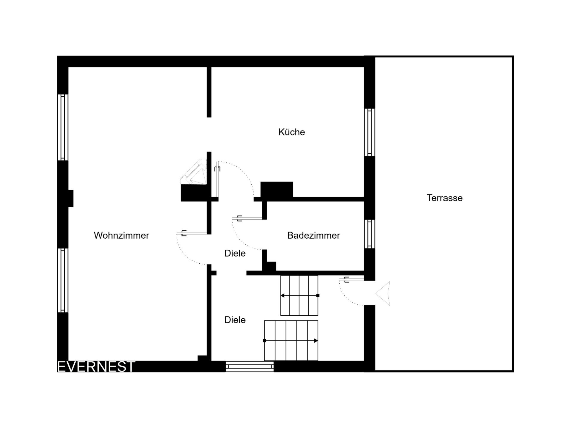Grundriss mit Wohnzimmer, Küche, Badezimmer, Diele und großer Terrasse.