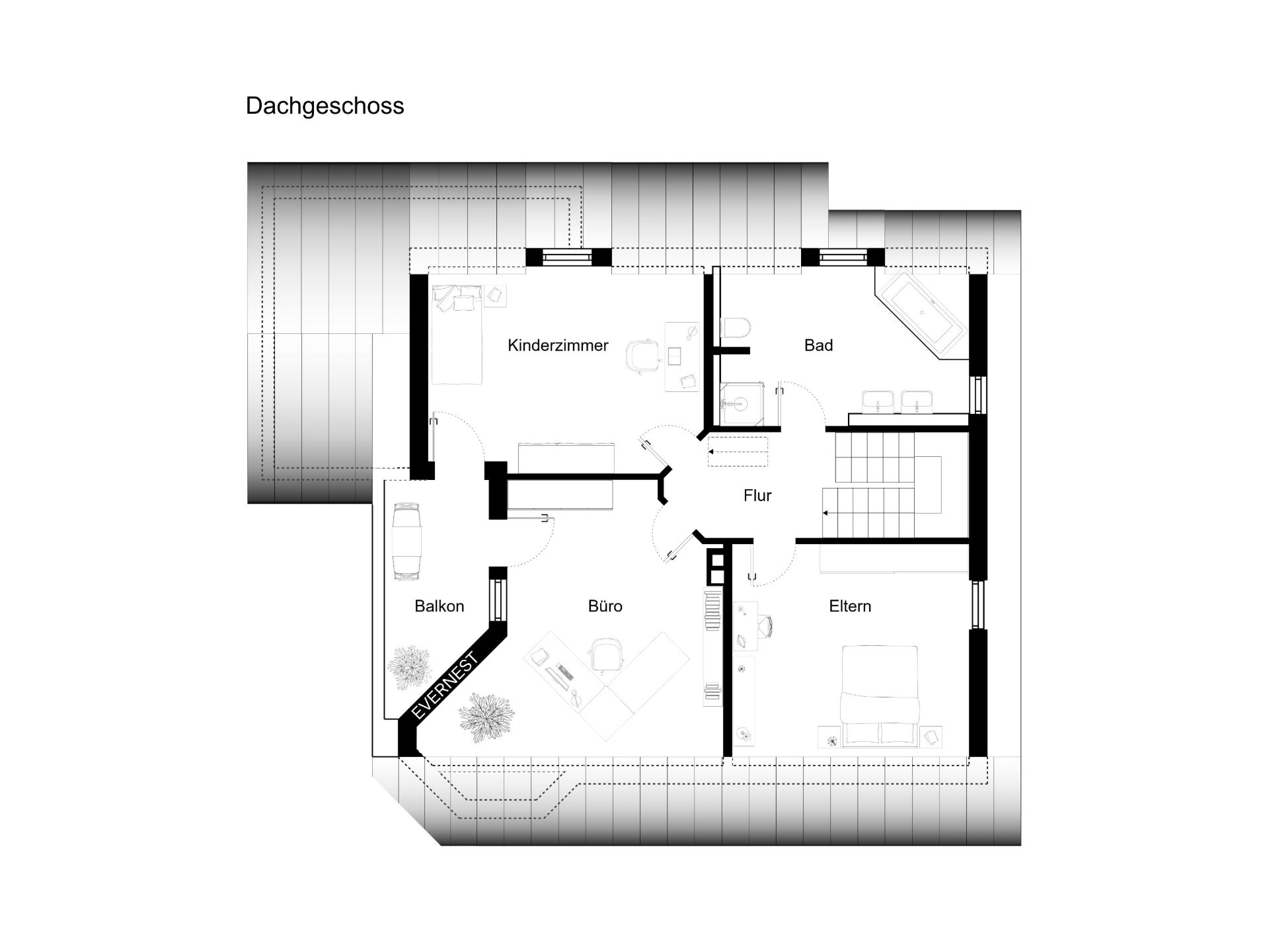 Grundriss des Dachgeschosses mit Kinderzimmer, Bad, Büro, Elternzimmer, Balkon und Flur.