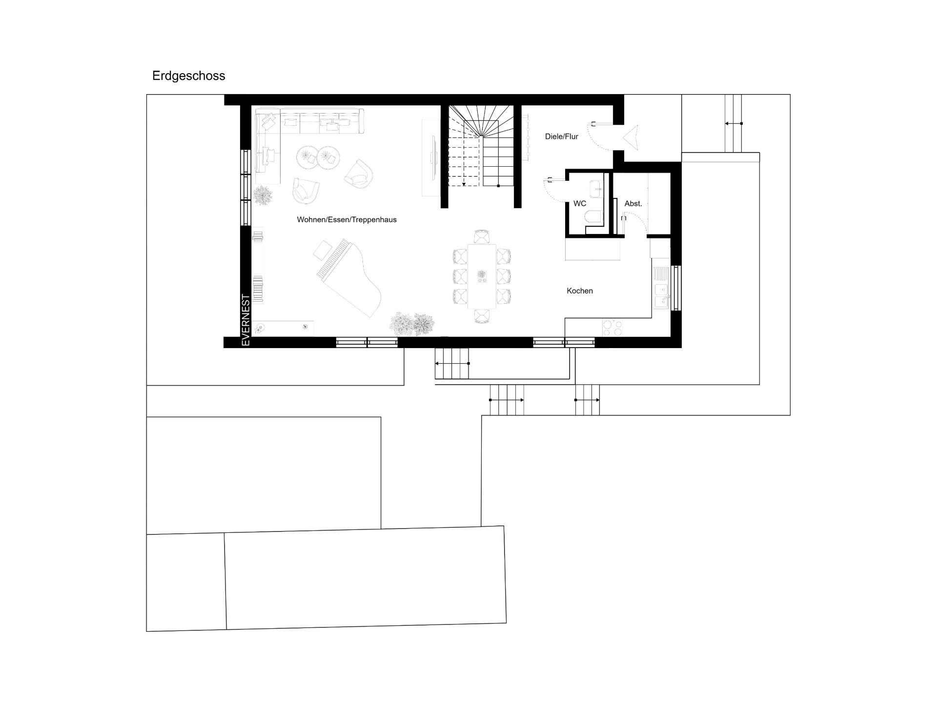 Grundriss des Erdgeschosses mit Wohn-, Esszimmer, Küche, WC und Flur.