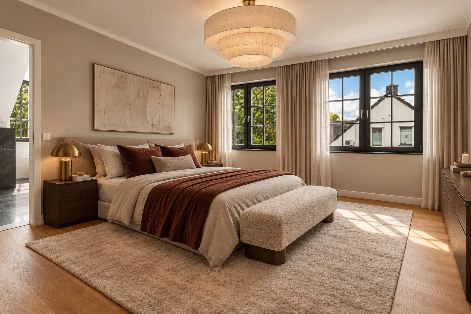 Modernes Schlafzimmer mit Doppelbett, Teppich, großen Fenstern und neutraler Dekoration.