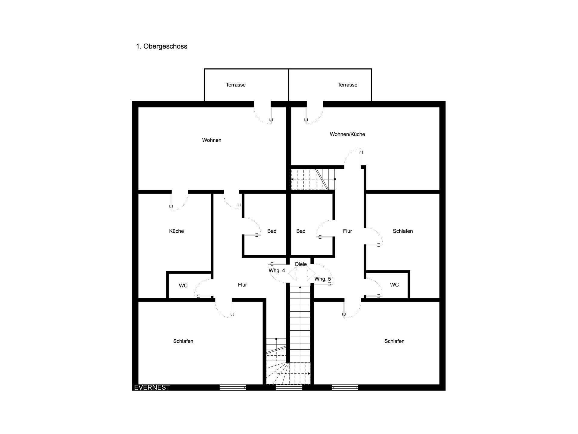 Grundriss eines Obergeschosses mit mehreren Zimmern, Fluren, Terrassen und Bädern.