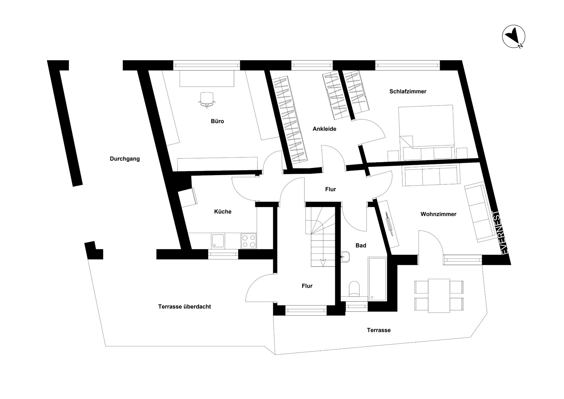 Grundriss einer Wohnung mit Büro, Küche, Schlafzimmer, Bad, Wohnzimmer und Terrasse.
