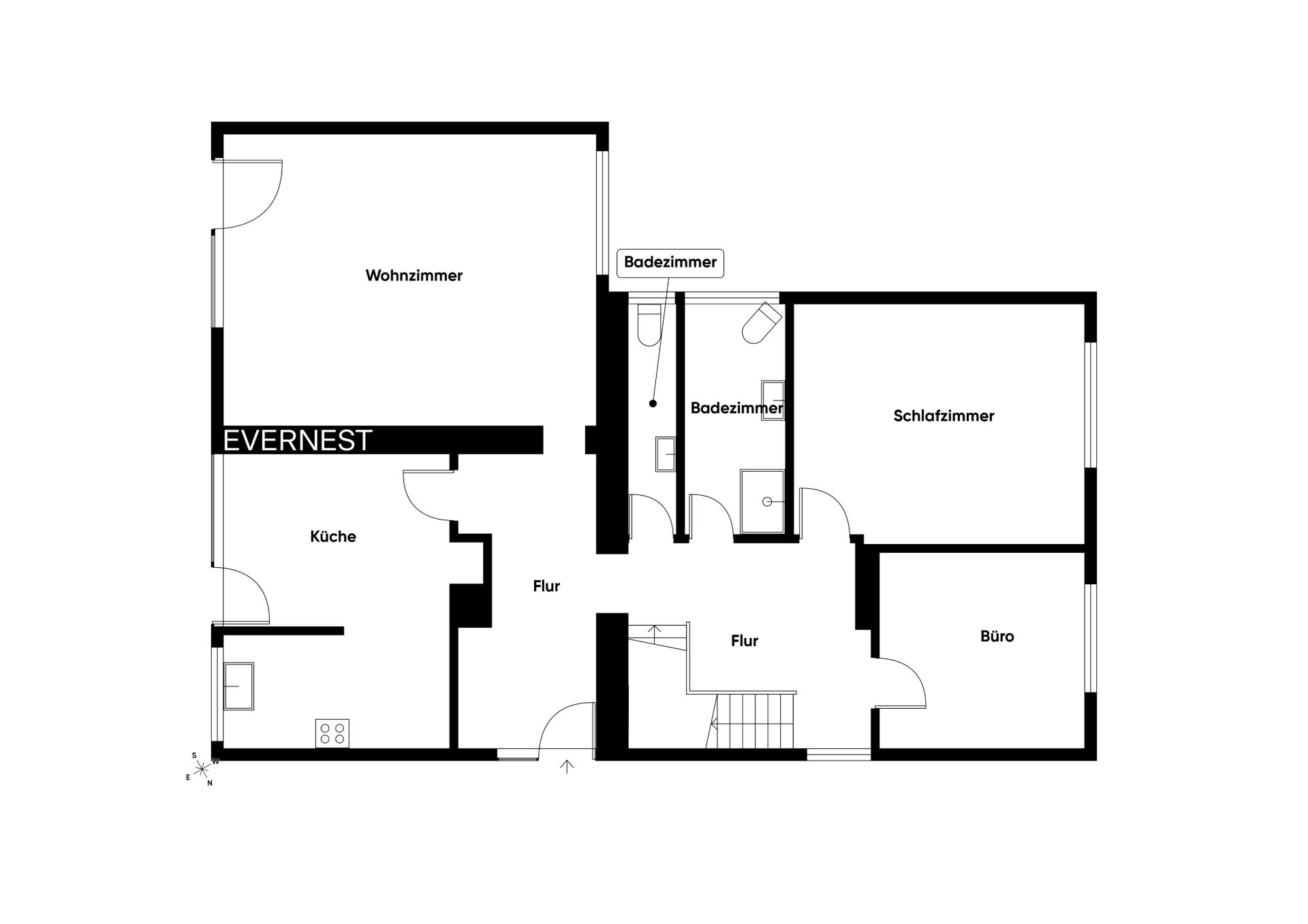 Grundriss einer Wohnung mit Wohnzimmer, Küche, Schlafzimmer, Büro und zwei Badezimmern.
