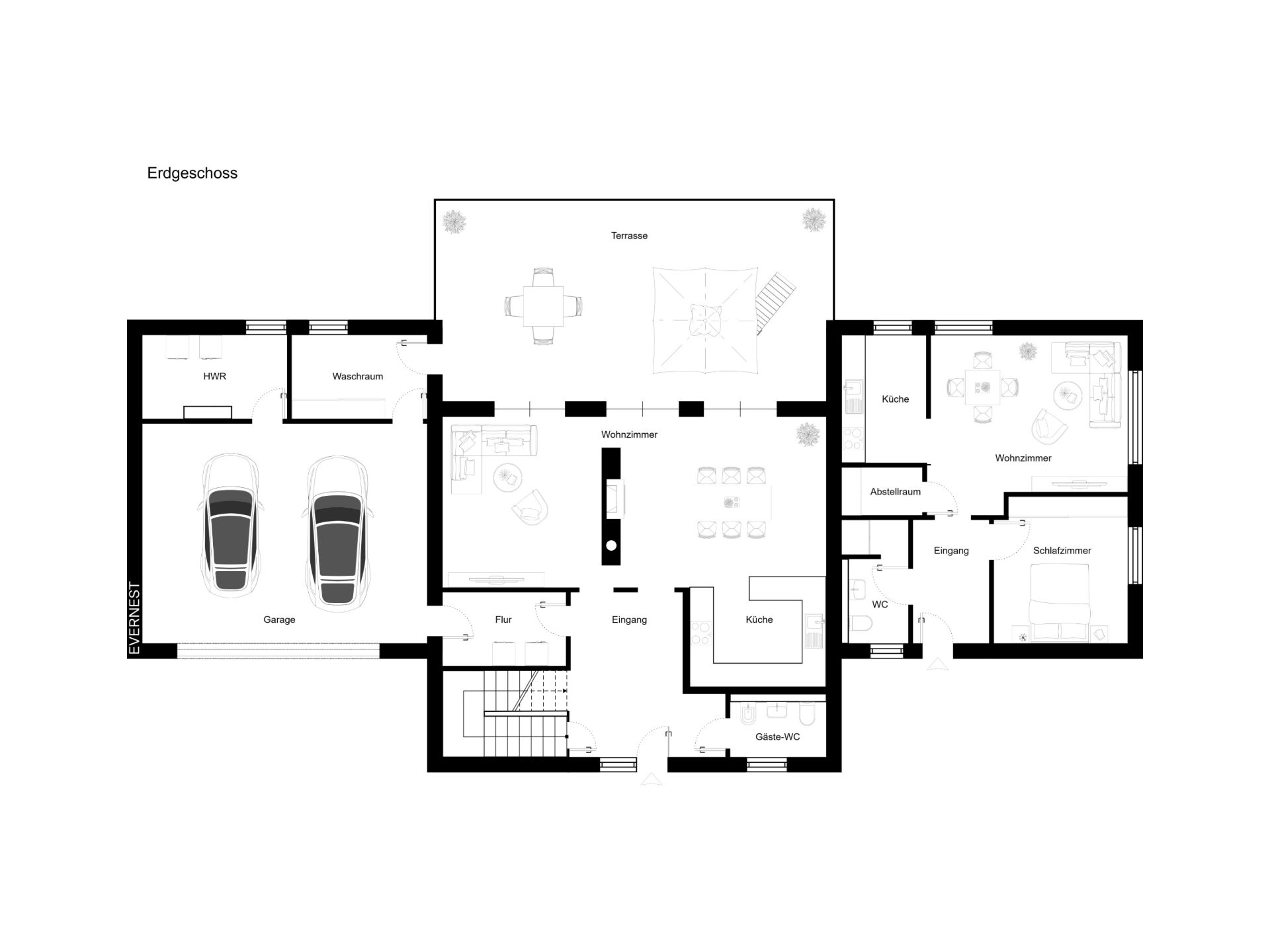 Grundriss des Erdgeschosses mit Garage, Wohnzimmer, Küche, Schlafzimmer und Terrasse.