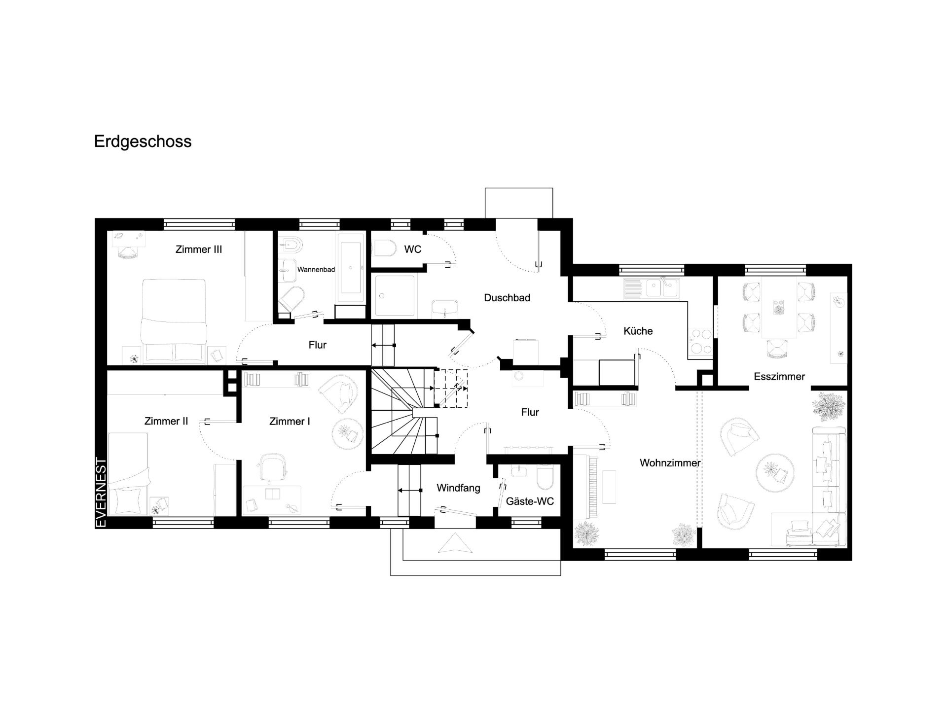 Grundriss des Erdgeschosses mit Wohnzimmer, Esszimmer, Küche, drei Zimmern, Bädern und Flur.