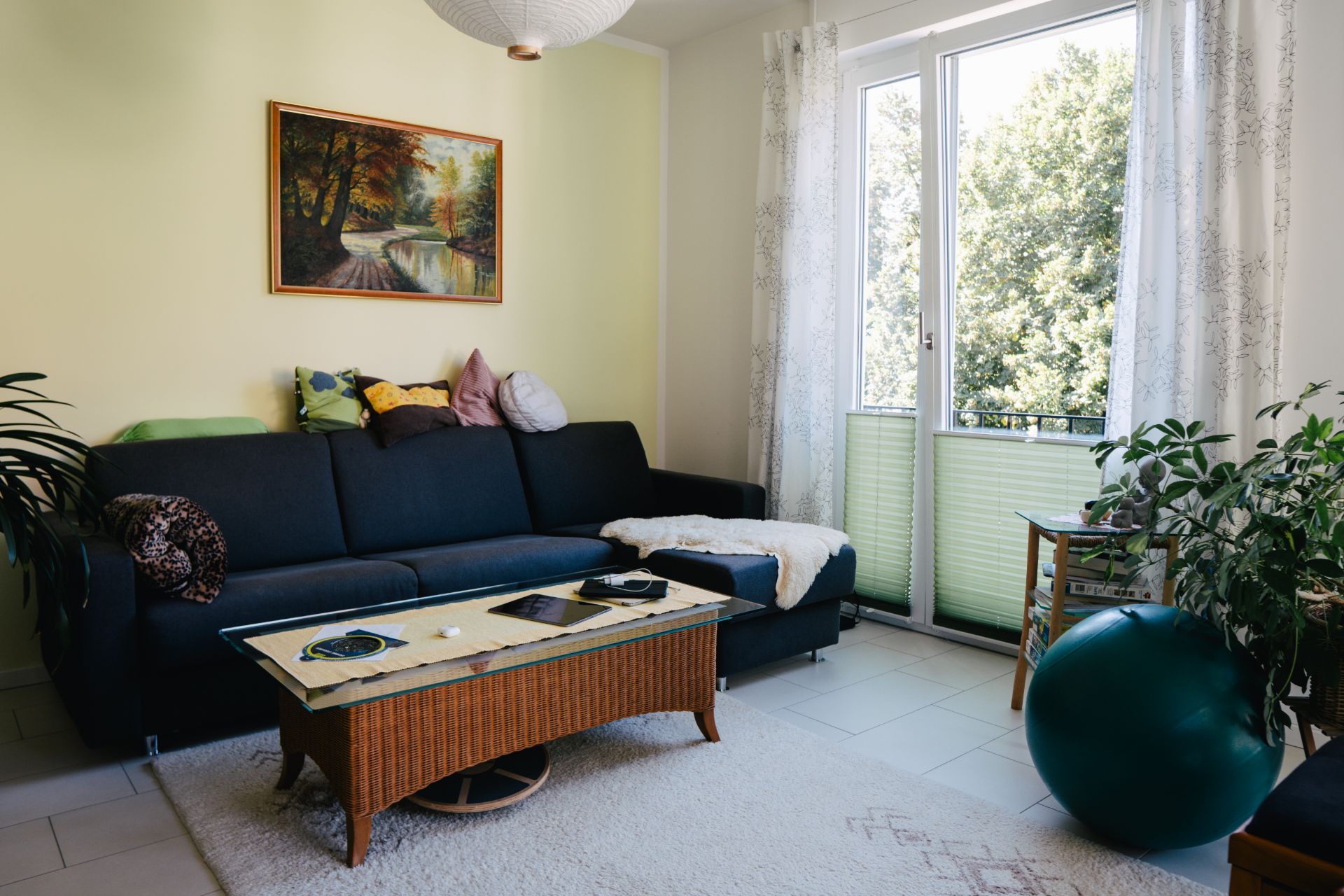Wohnzimmer mit dunkelblauem Sofa, Couchtisch, Pflanzen und großem Fenster mit Blick ins Grüne.