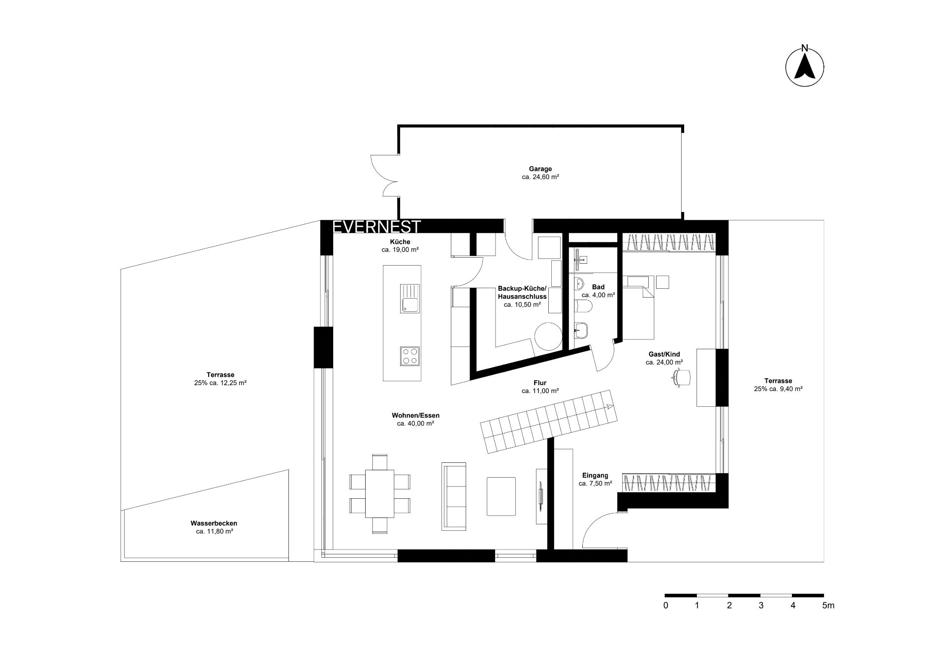 Grundriss eines Wohnhauses mit Küche, Wohnzimmer, Bad, Gästezimmer, Garage und zwei Terrassen.