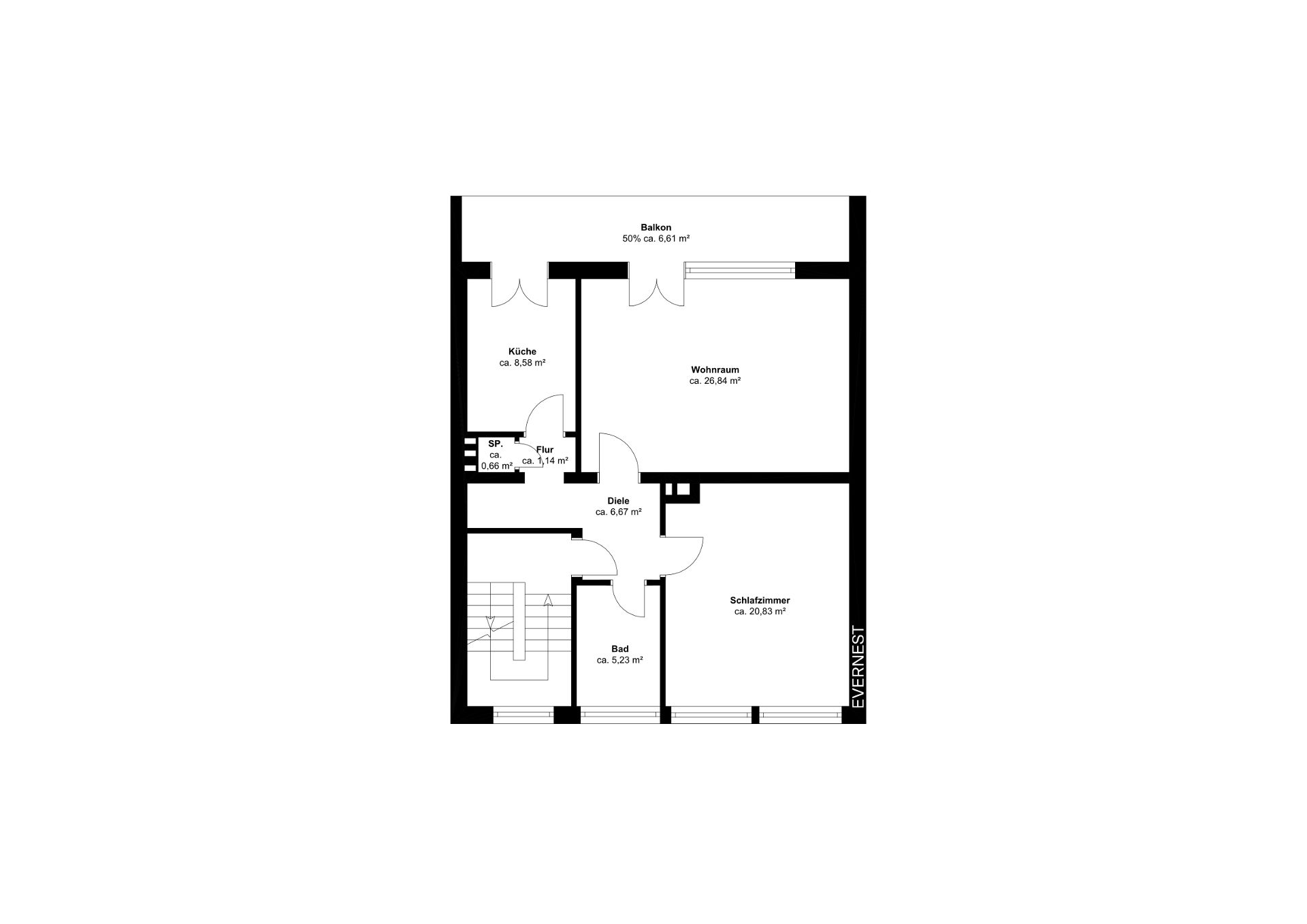 Wohnungsgrundriss mit Schlafzimmer, Bad, Küche, Wohnraum, Diele, Flur, Abstellraum und Balkon.
