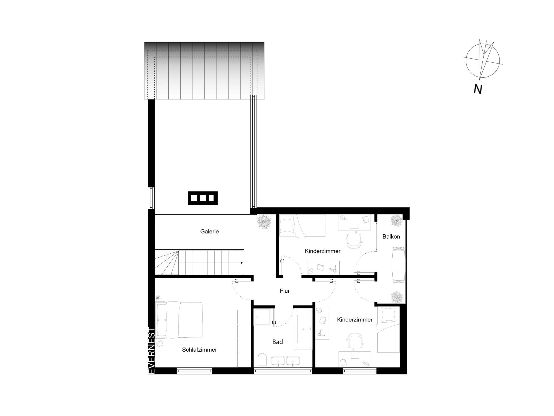 Grundriss zeigt Schlafzimmer, zwei Kinderzimmer, Bad, Galerie, Flur und Balkon.