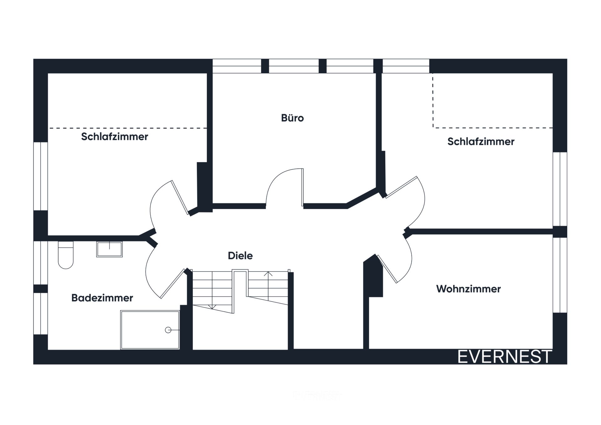Grundriss mit zwei Schlafzimmern, Büro, Wohnzimmer, Badezimmer und Diele.