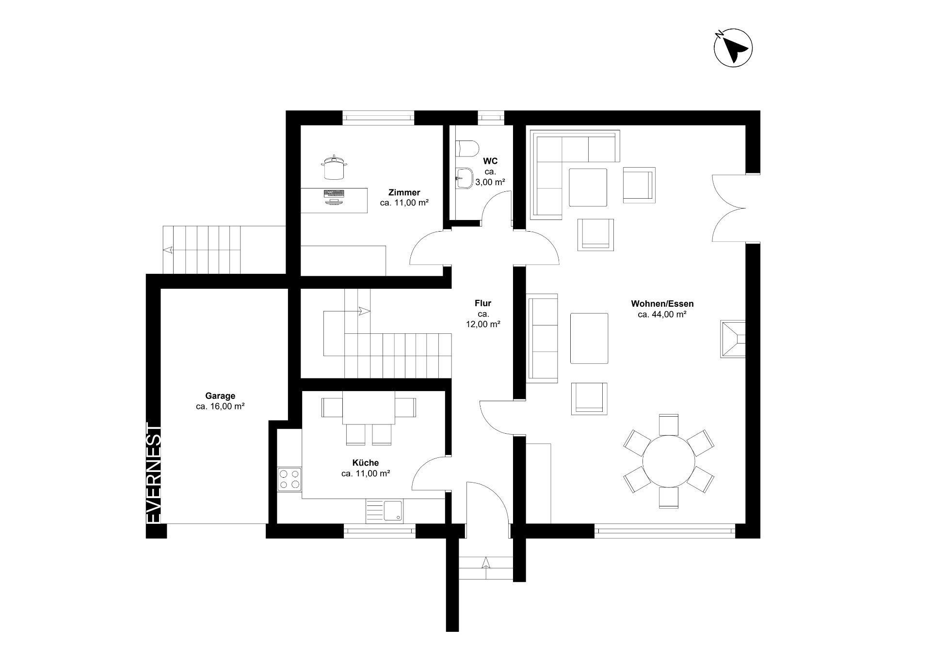 Grundriss eines Wohnhauses mit Wohnzimmer, Küche, WC, Garage, Flur und weiterem Zimmer.