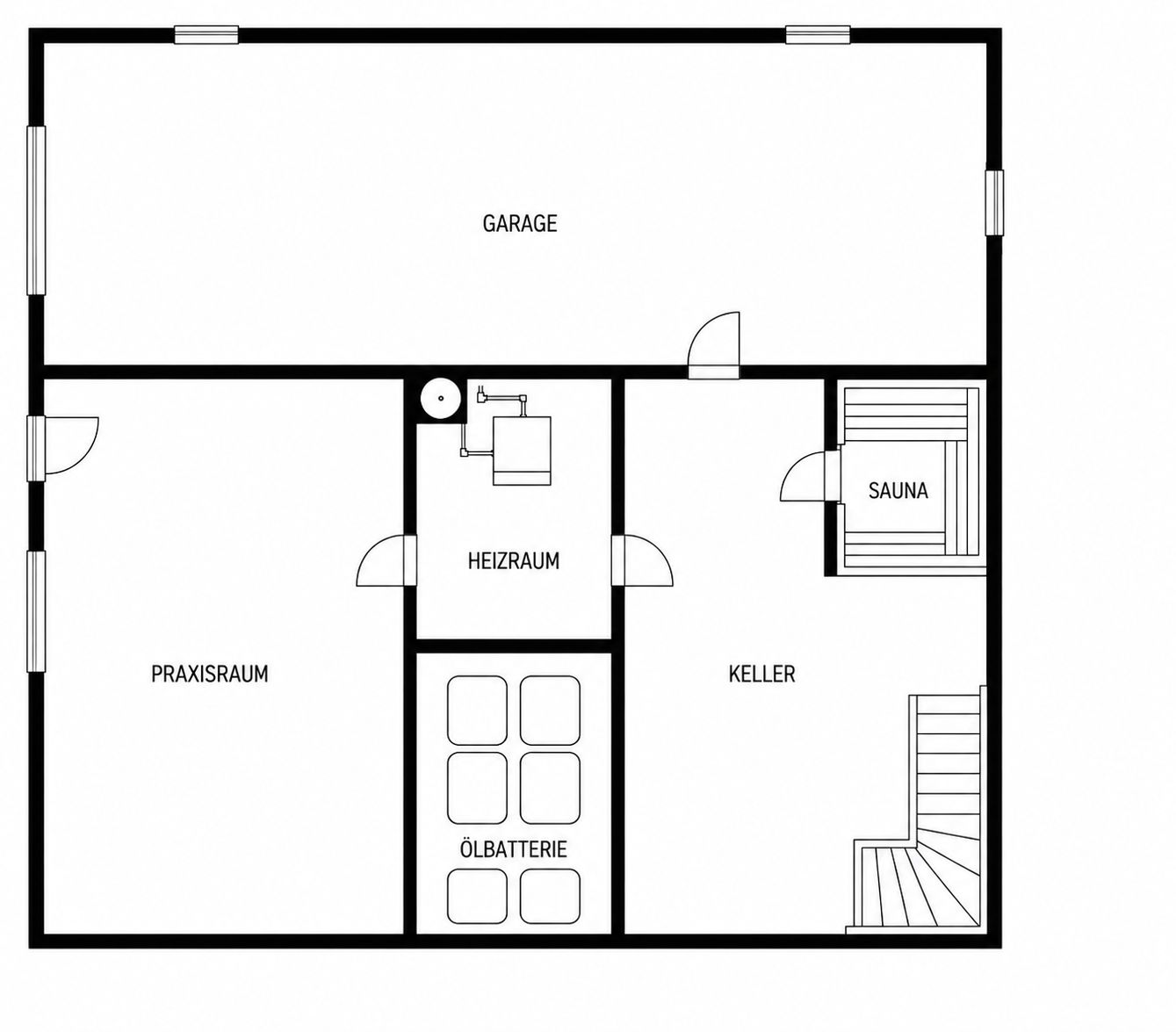 Grundriss mit Garage, Praxisraum, Heizraum, Ölbatterie, Keller und Sauna.