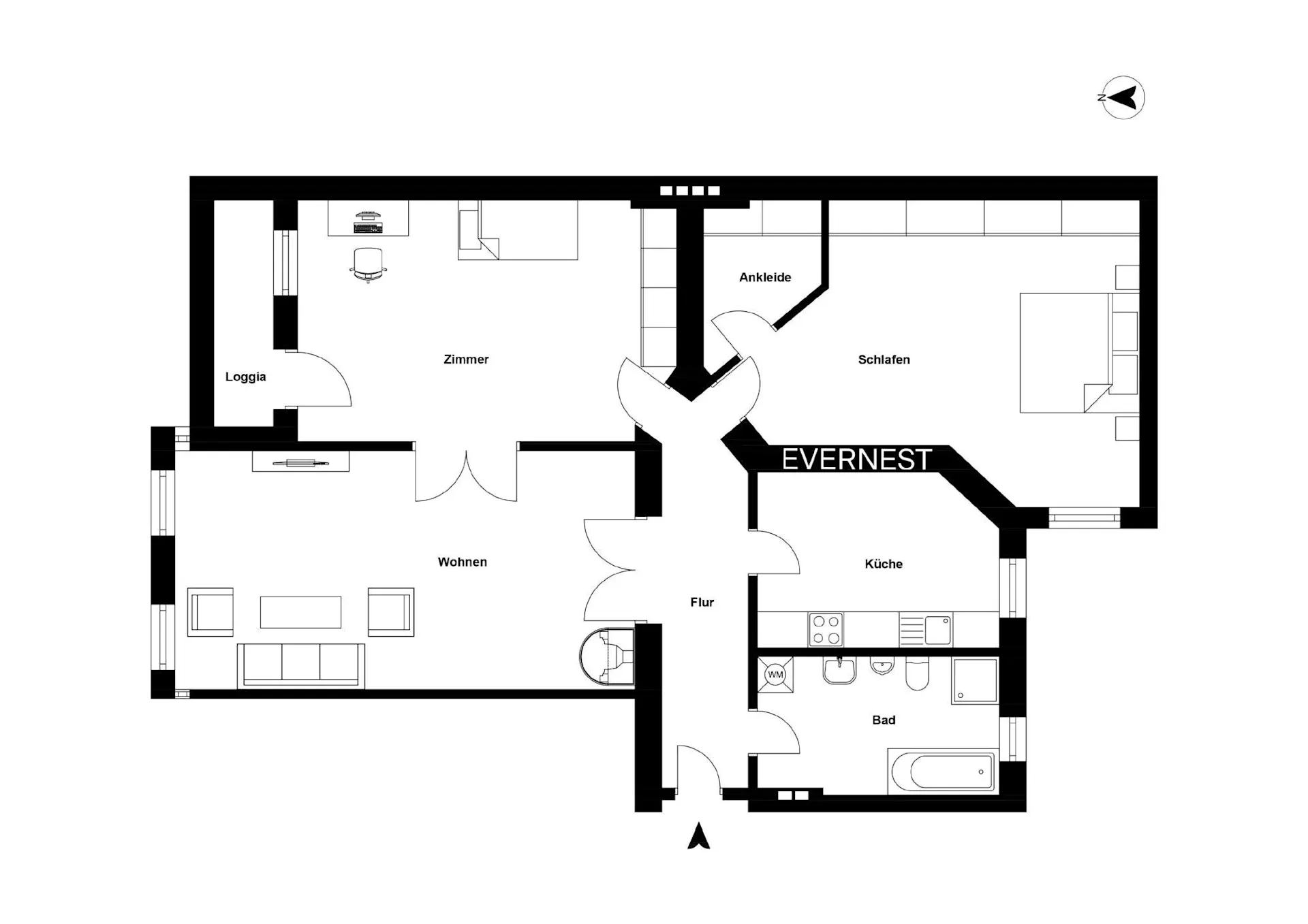 Grundriss einer Wohnung mit Wohnzimmer, Schlafzimmer, Küche, Bad, Ankleide, Flur und Loggia.