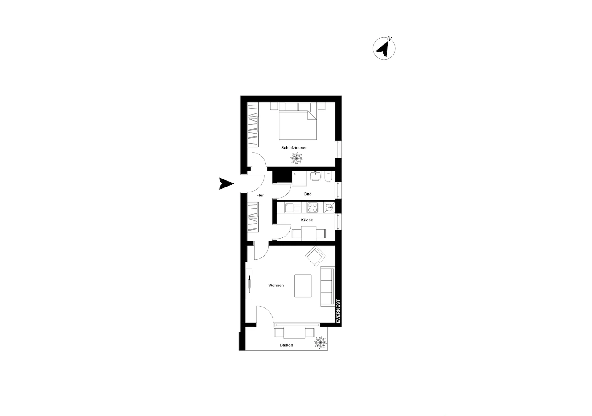 Grundriss einer Wohnung mit Schlafzimmer, Bad, Küche, Wohnzimmer und Balkon.