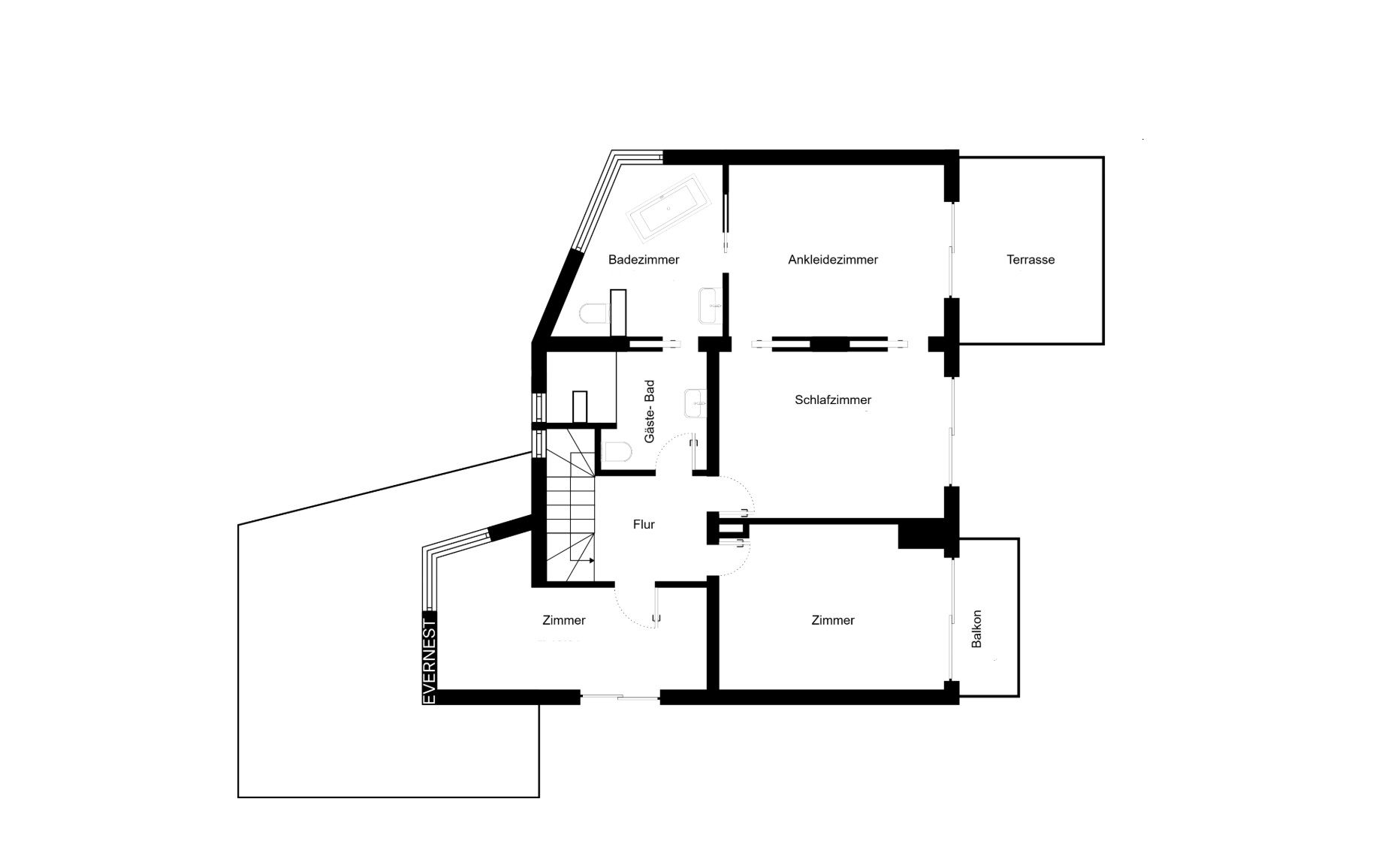 Grundriss mit Badezimmer, Ankleidezimmer, Schlafzimmer, Flur, zwei Zimmern, Balkon und Terrasse.