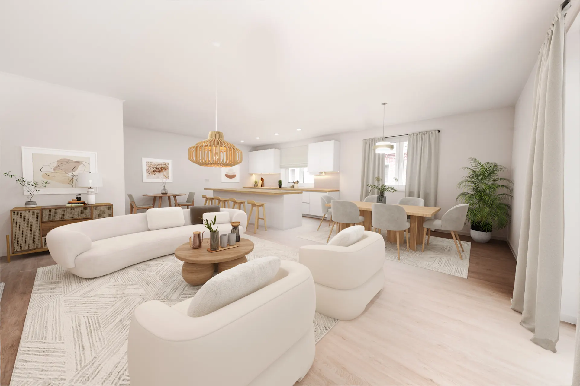 Helles Wohnzimmer mit weißen Sofas, Holztisch, Essbereich und offener Küche.