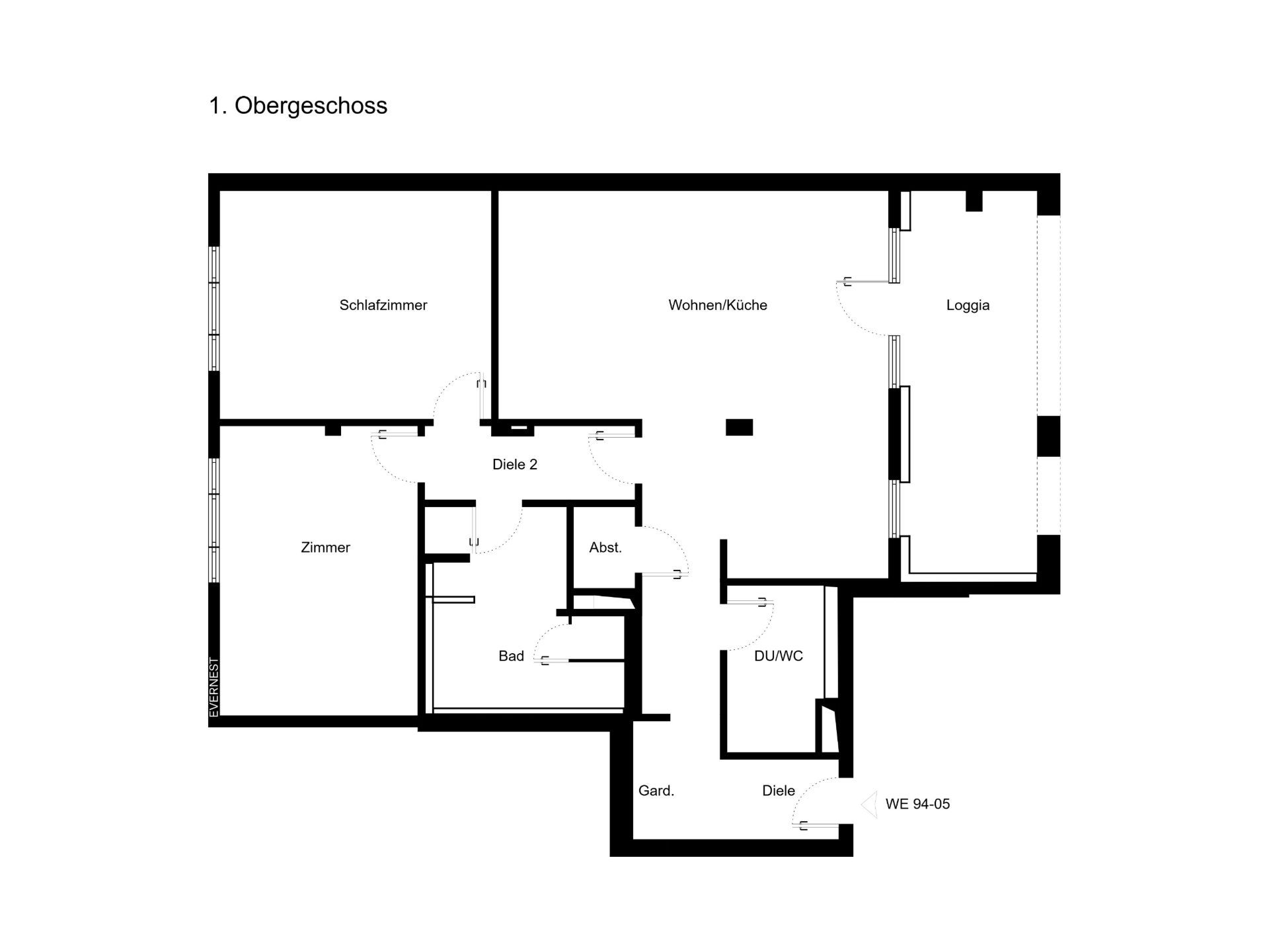 Grundriss einer Wohnung mit Schlafzimmer, Wohnzimmer/Küche, Bad, Loggia und weiteren Räumen.
