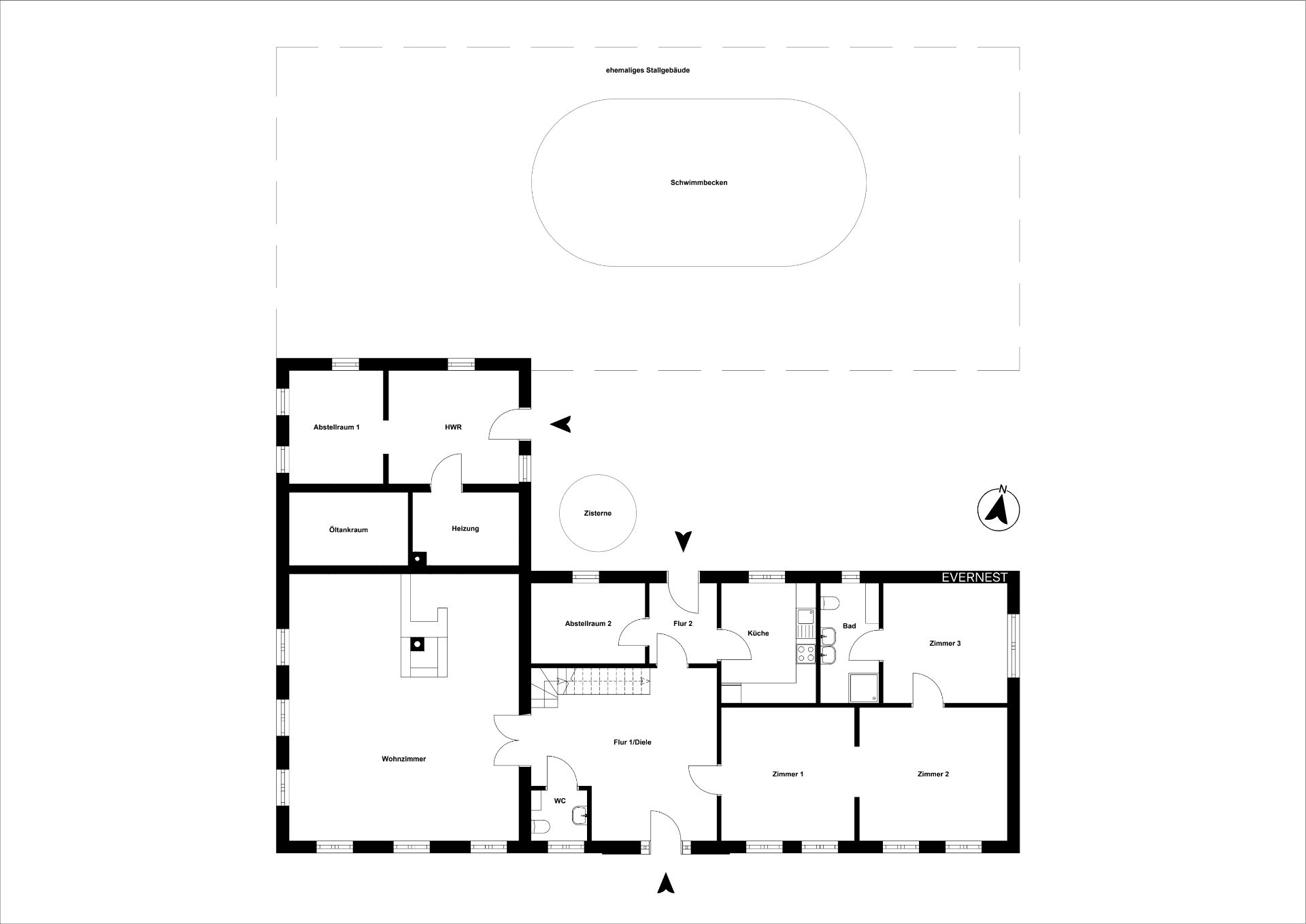 Grundriss eines Wohnhauses mit Wohnzimmer, Küche, Bad, mehreren Zimmern und Abstellräumen.