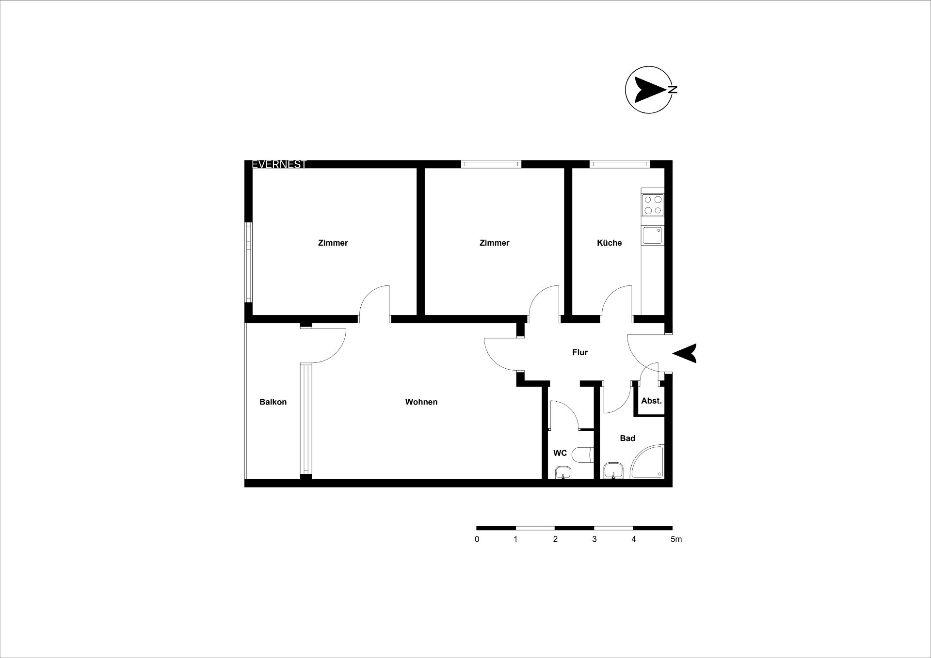 Grundriss einer Wohnung mit zwei Zimmern, Küche, Wohnzimmer, Balkon, Bad, WC und Abstellraum.