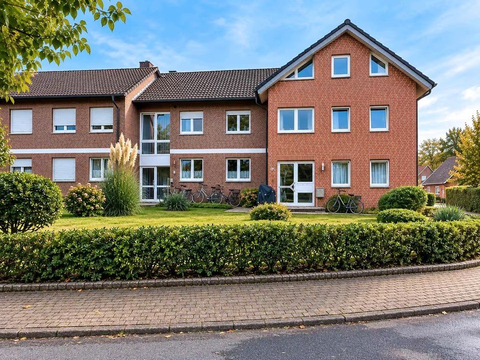 Zweistöckiges Wohnhaus aus rotem Backstein mit Vorgarten und mehreren Fahrrädern vor dem Gebäude.