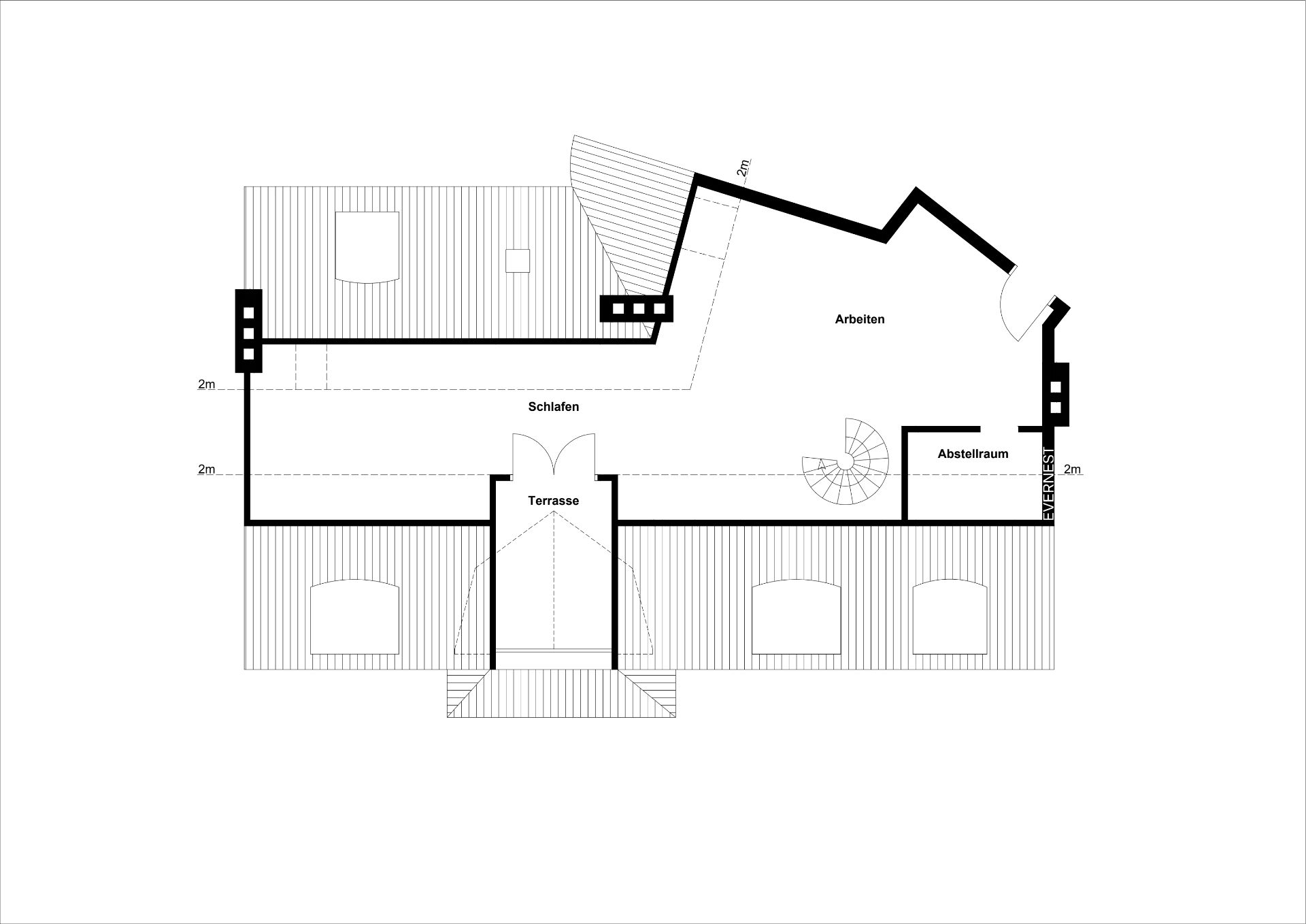 Grundriss mit Schlaf-, Arbeitszimmer, Abstellraum, Terrasse und Wendeltreppe.