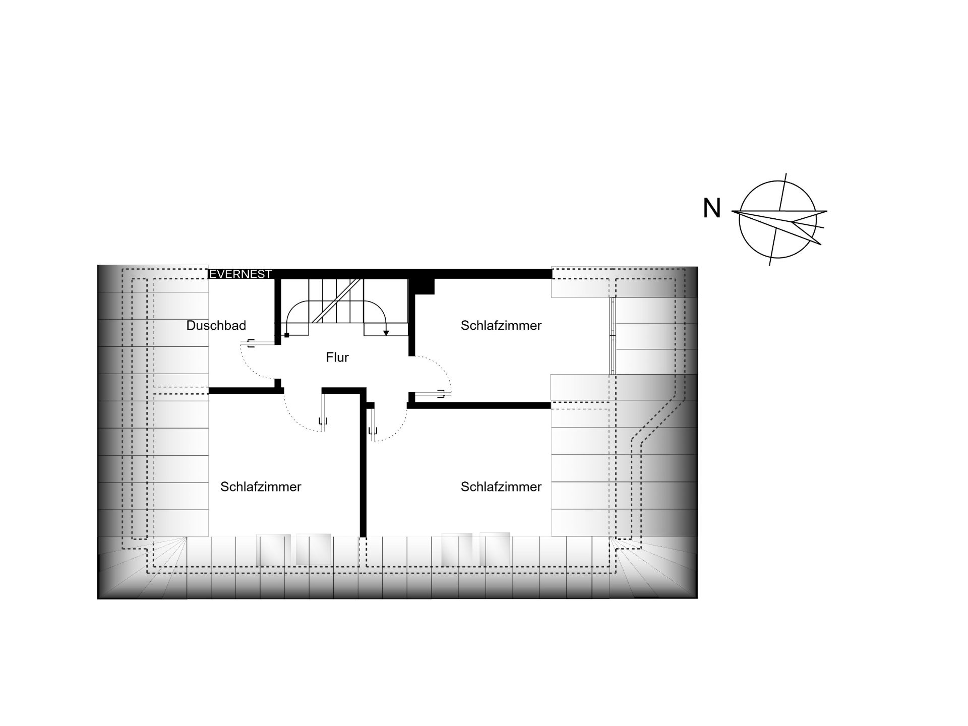 Grundriss mit Flur, Duschbad und drei Schlafzimmern. Norden ist oben rechts markiert.
