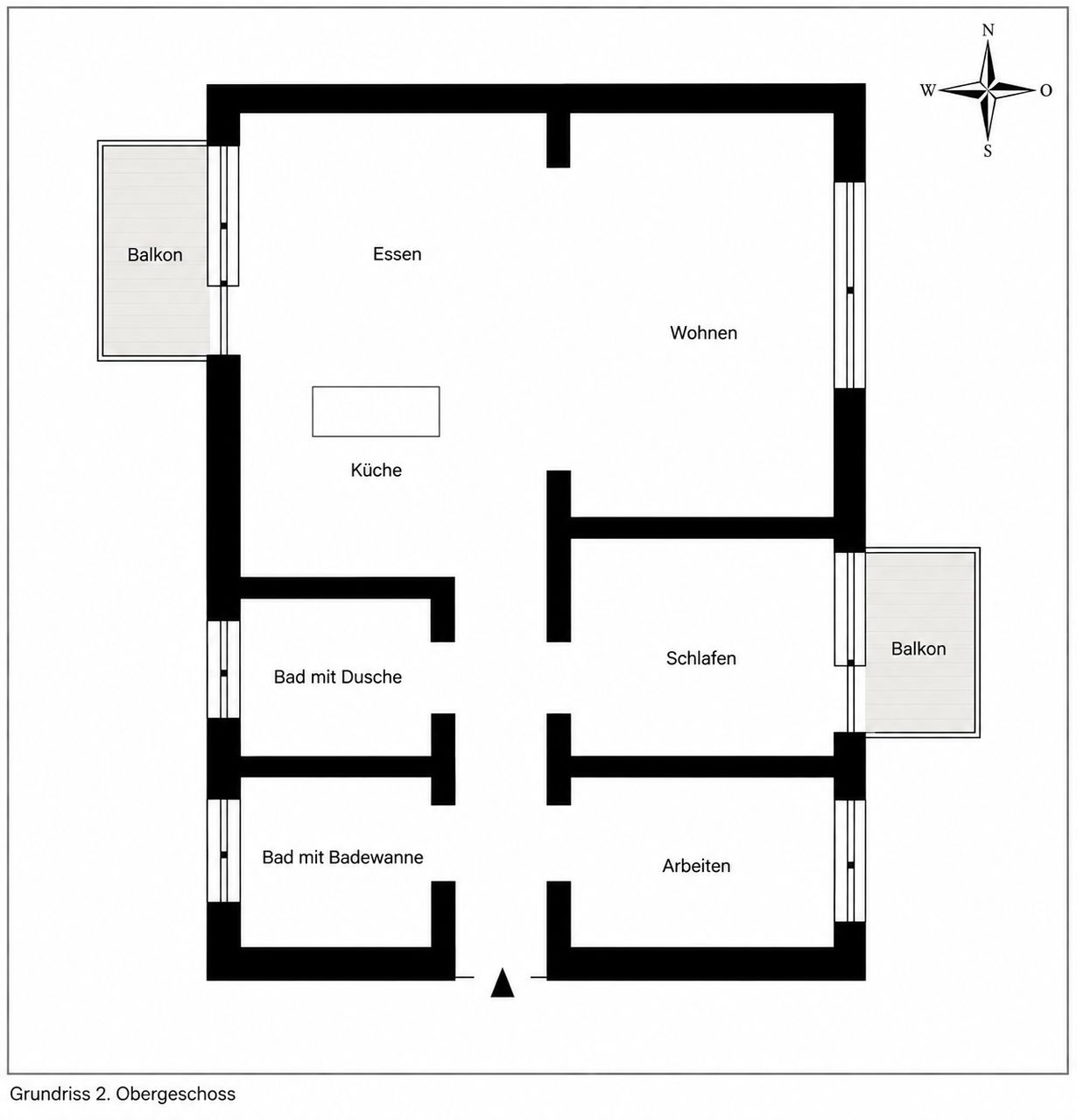 Grundriss eines Obergeschosses mit Schlafzimmer, Arbeitszimmer, zwei Bädern, Küche, Ess- und Wohnzimmer, zwei Balkonen.