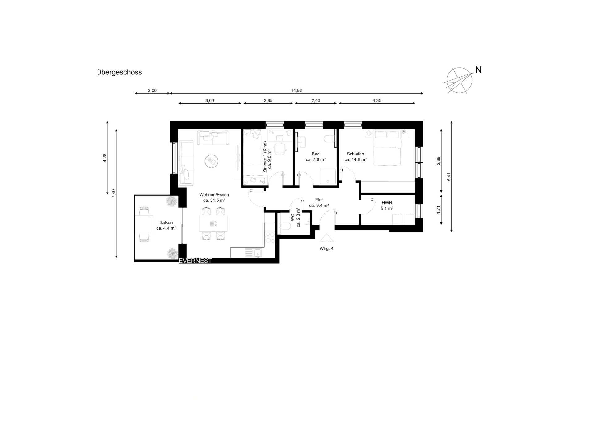 Grundriss einer Wohnung mit Balkon, Wohnzimmer, Bad, Schlafzimmer und Hauswirtschaftsraum.