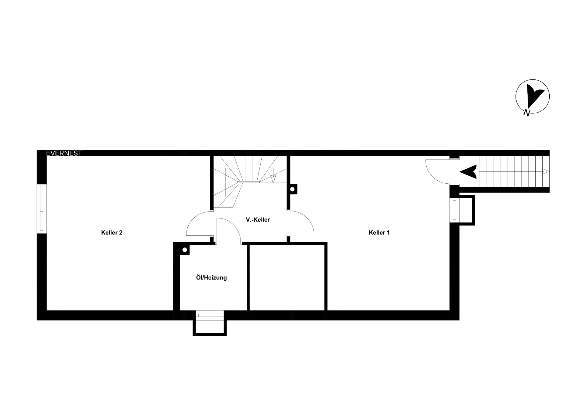 Grundriss eines Kellers mit zwei Kellerräumen, Heizungsraum und Treppenaufgang.