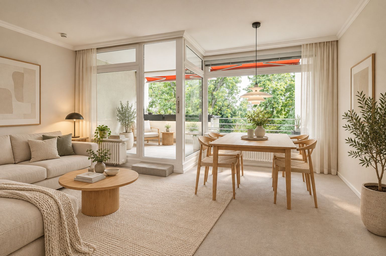 Helles Wohnzimmer mit Couch, Esstisch, Pflanzen und Zugang zu einem Balkon mit Blick ins Grüne.