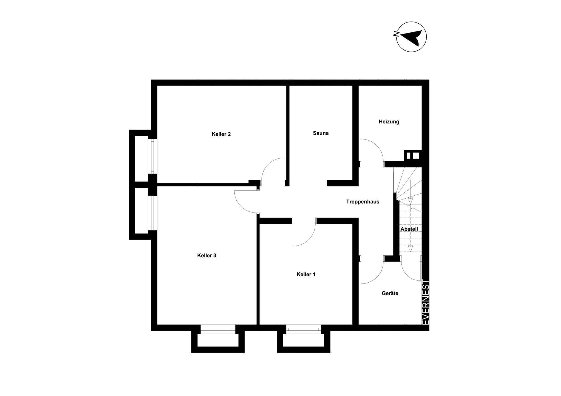 Grundriss eines Kellers mit drei Kellerräumen, Sauna, Heizung, Geräte- und Abstellraum.
