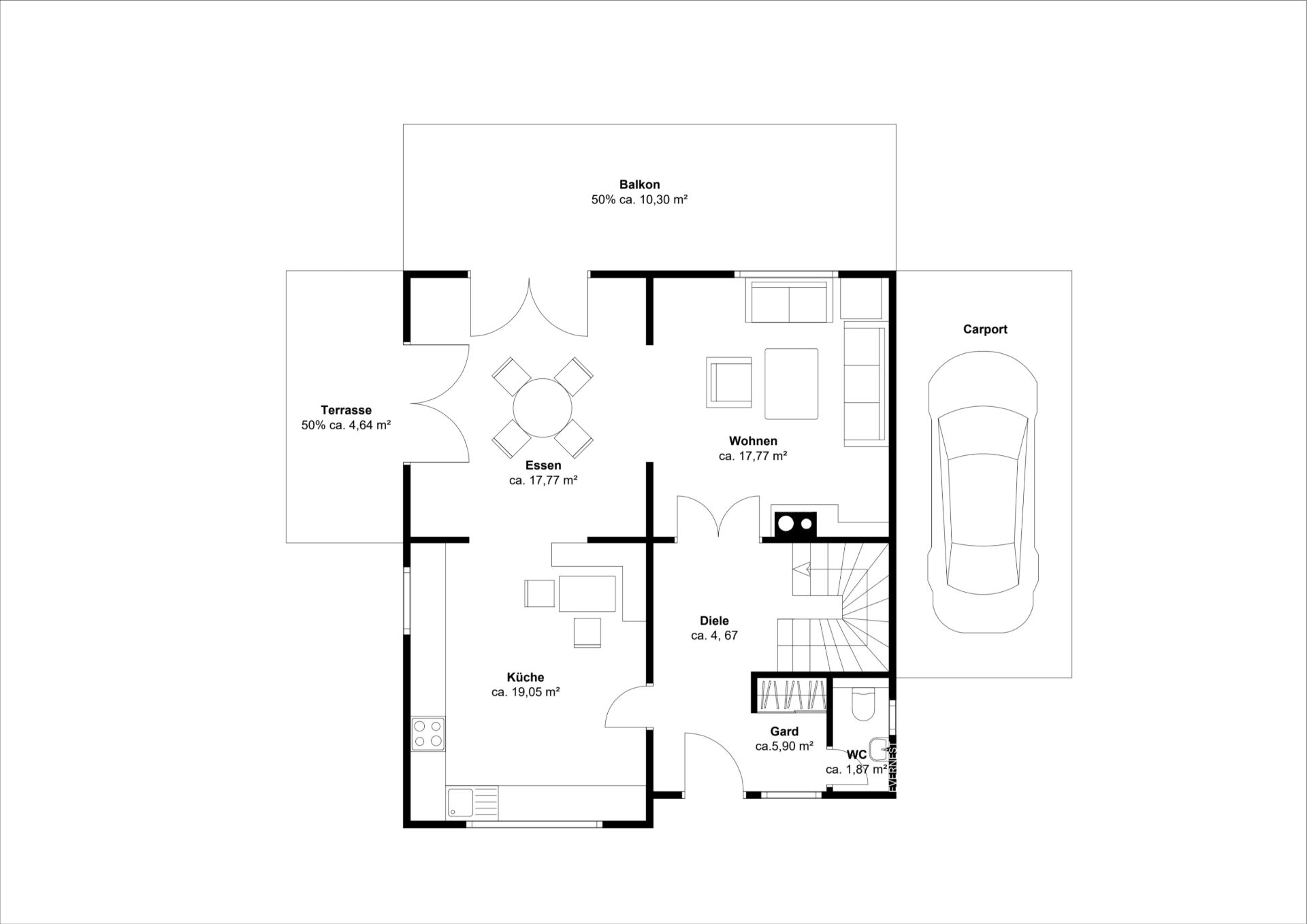 Grundriss einer Wohnung mit Küche, Esszimmer, Wohnzimmer, Terrasse, Balkon, Carport und WC.