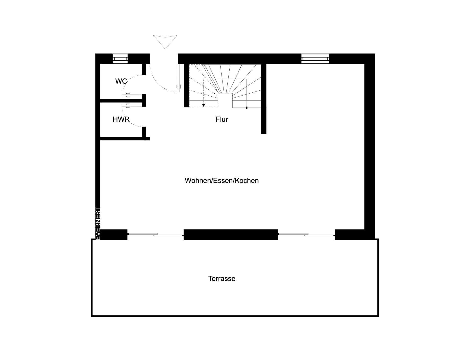 Grundriss mit Wohn-/Ess-/Kochbereich, Flur, WC, Hauswirtschaftsraum und Terrasse.