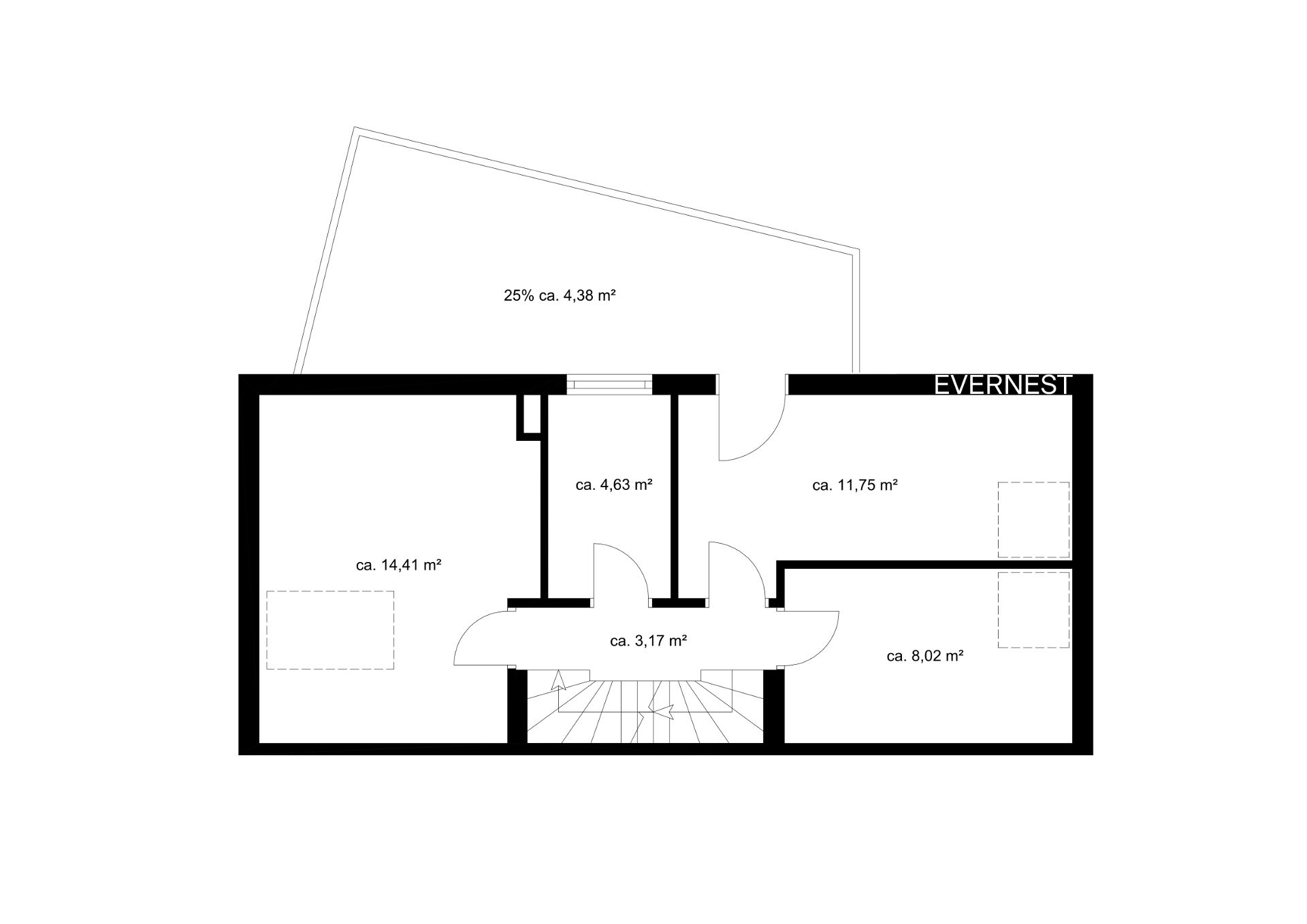 Grundriss mit vier beschrifteten Zimmern und Treppenaufgang, Flächen in Quadratmetern angegeben.