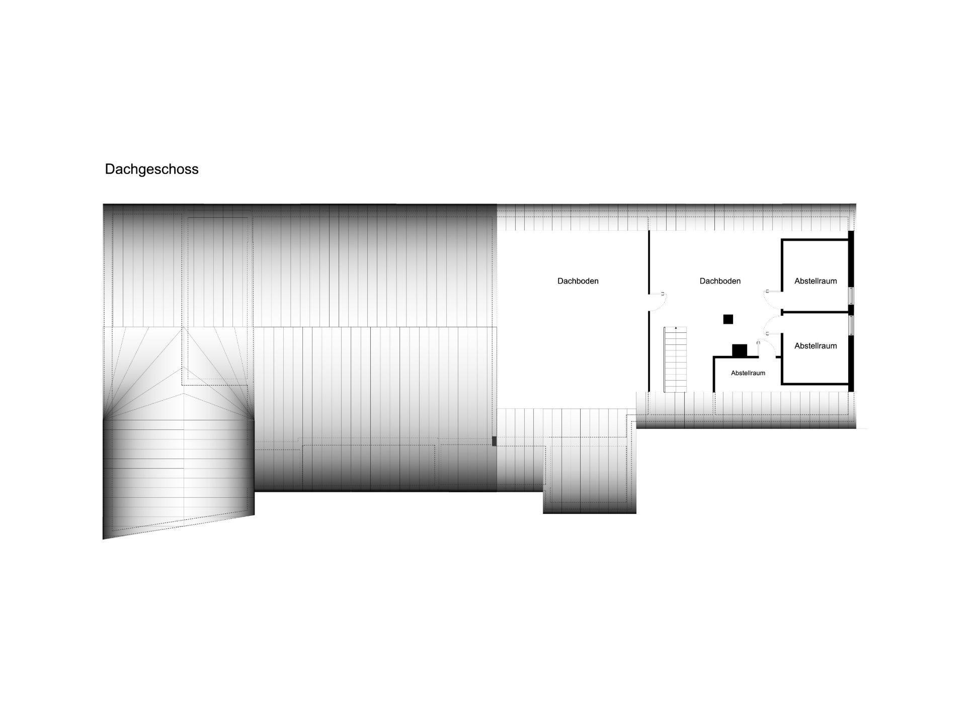 Grundriss des Dachgeschosses mit Dachboden und mehreren Abstellräumen.