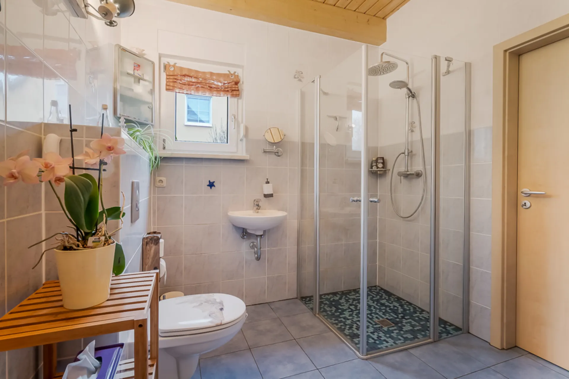 Modernes Badezimmer mit Dusche, WC, Waschbecken und Fenster, Orchidee auf Holzregal.