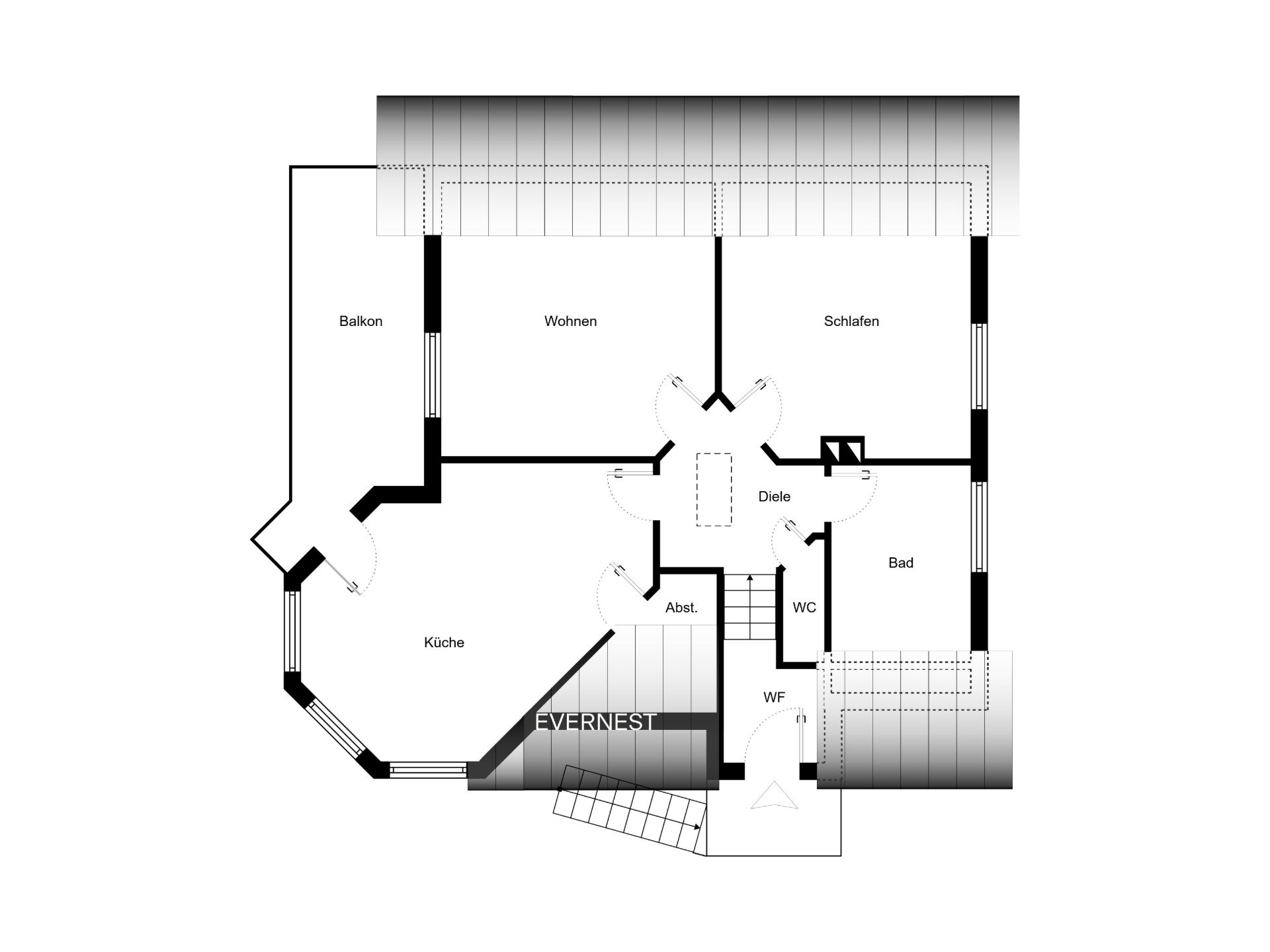 Grundriss einer Wohnung mit Küche, Wohn- und Schlafzimmer, Bad, WC, Balkon und Flur.