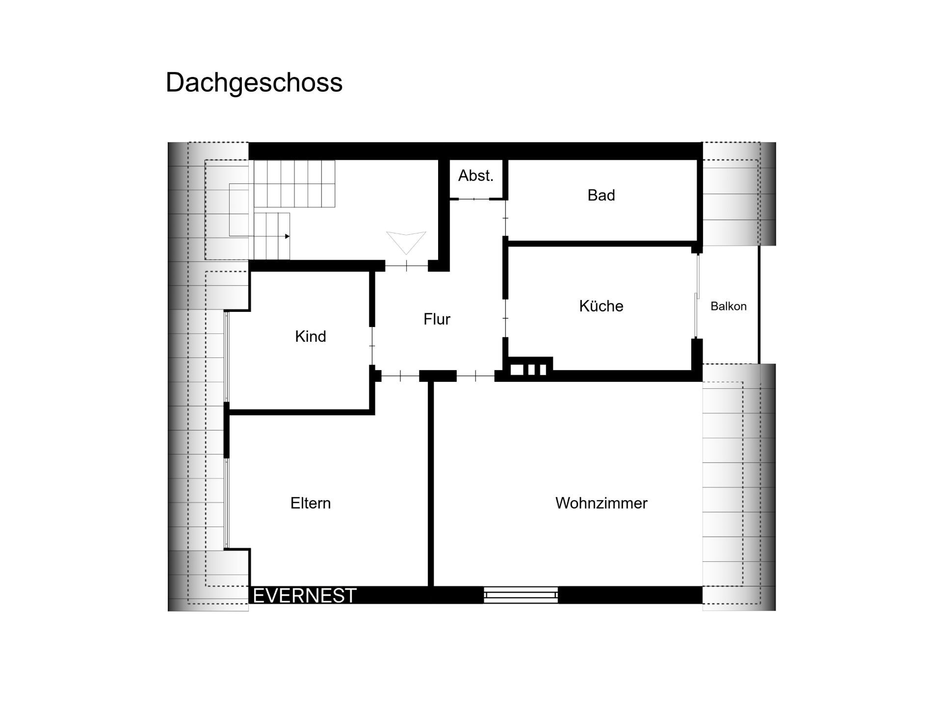 Grundriss eines Dachgeschosses mit Eltern-, Kinderzimmer, Wohnzimmer, Küche, Bad, Flur, Abstellraum und Balkon.