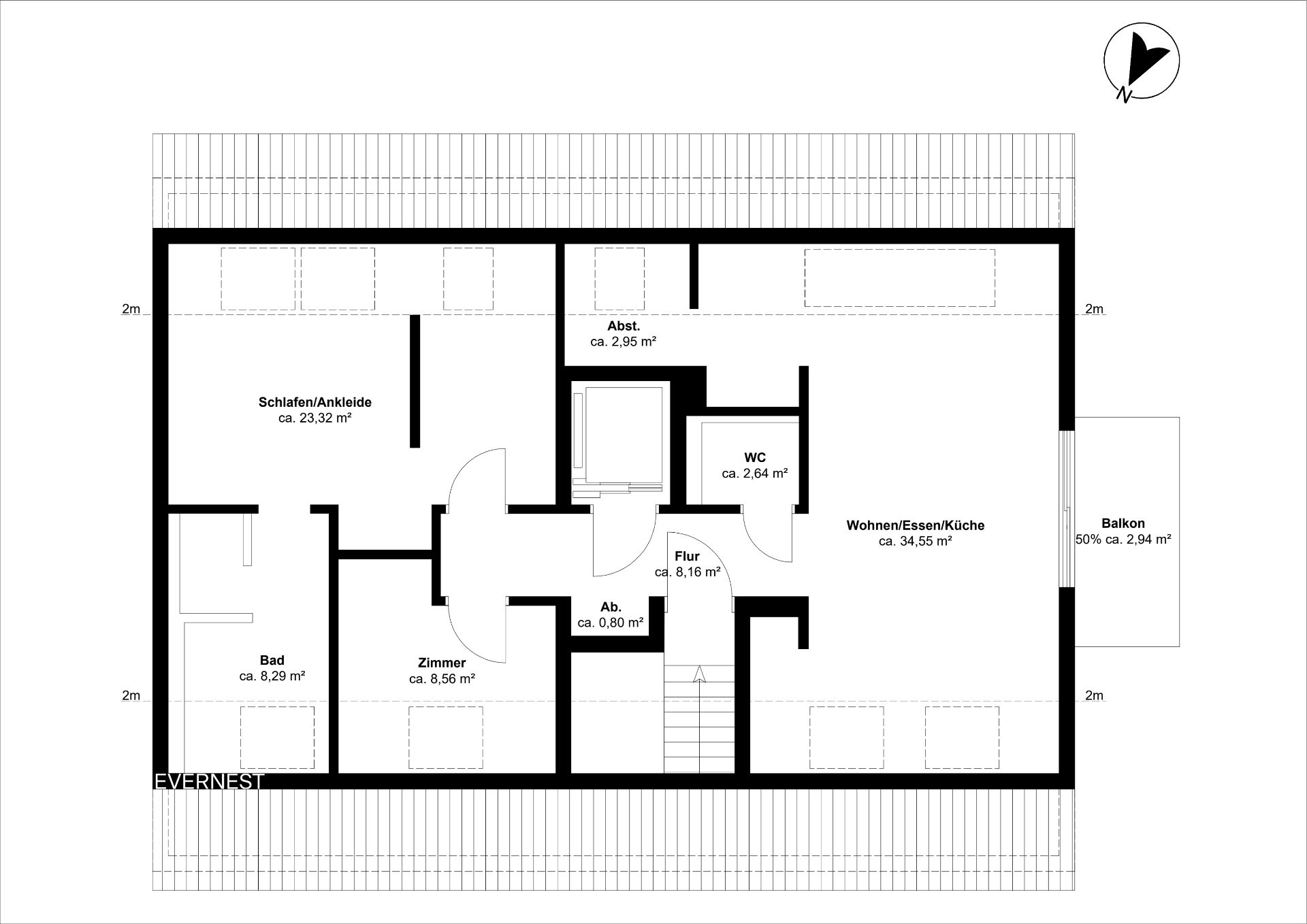 Grundriss einer Wohnung mit Schlafzimmer, Bad, Zimmer, Wohnbereich, WC, Abstellräumen und Balkon.